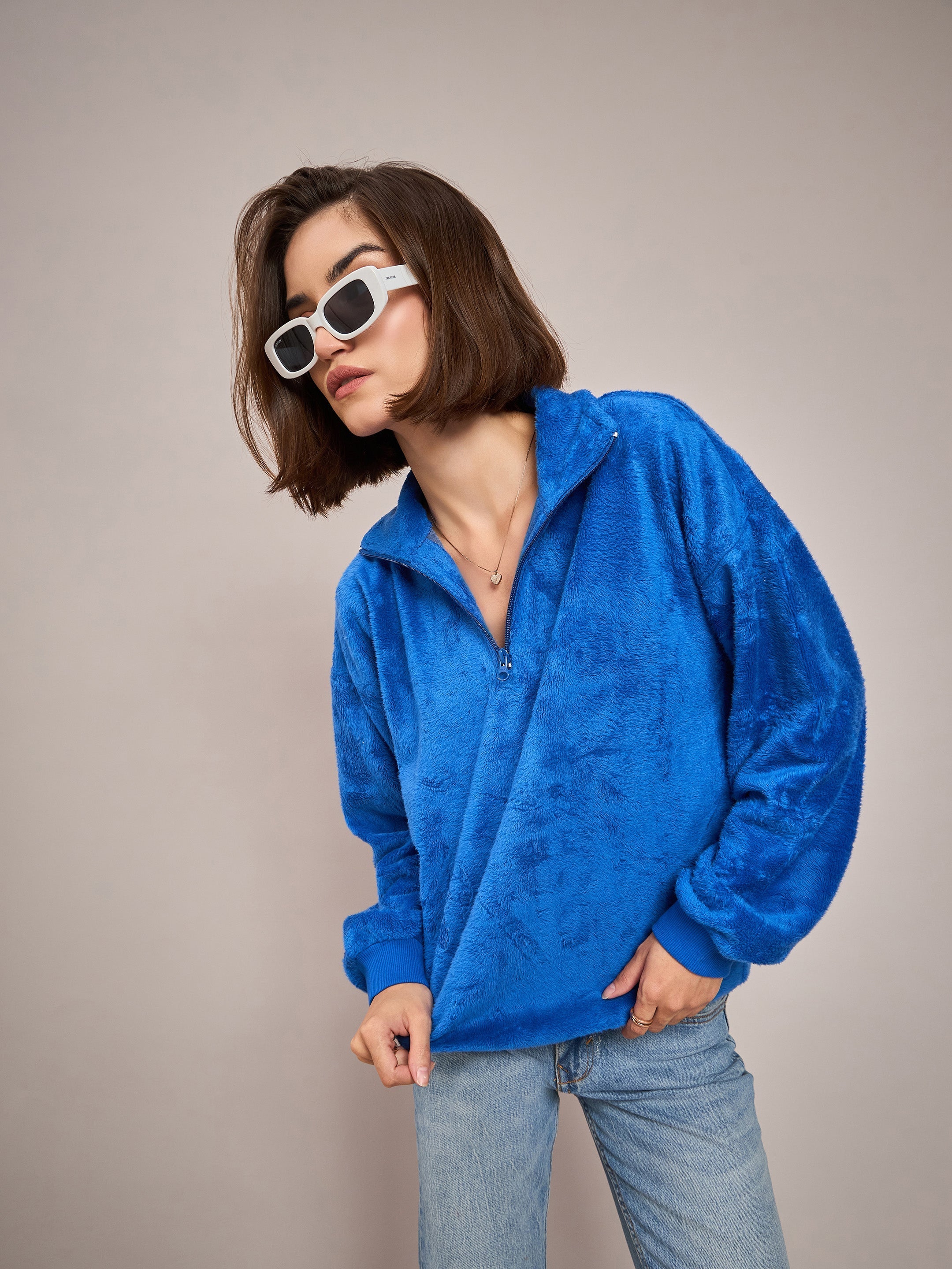 Women Royal Blue Front Zipper High Neck Sweatshirt