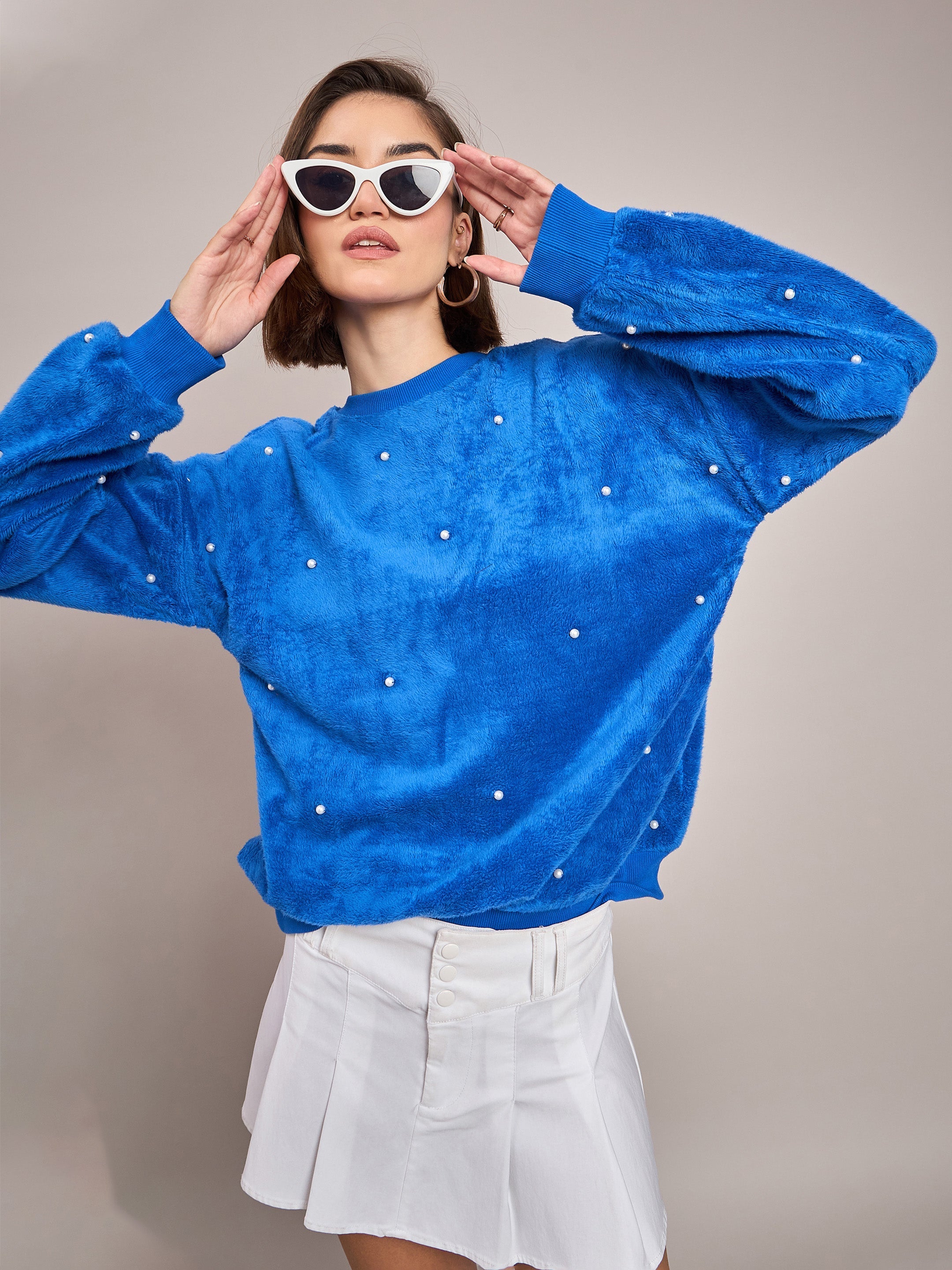 Women Royal Blue Fur Pearl Sweatshirt