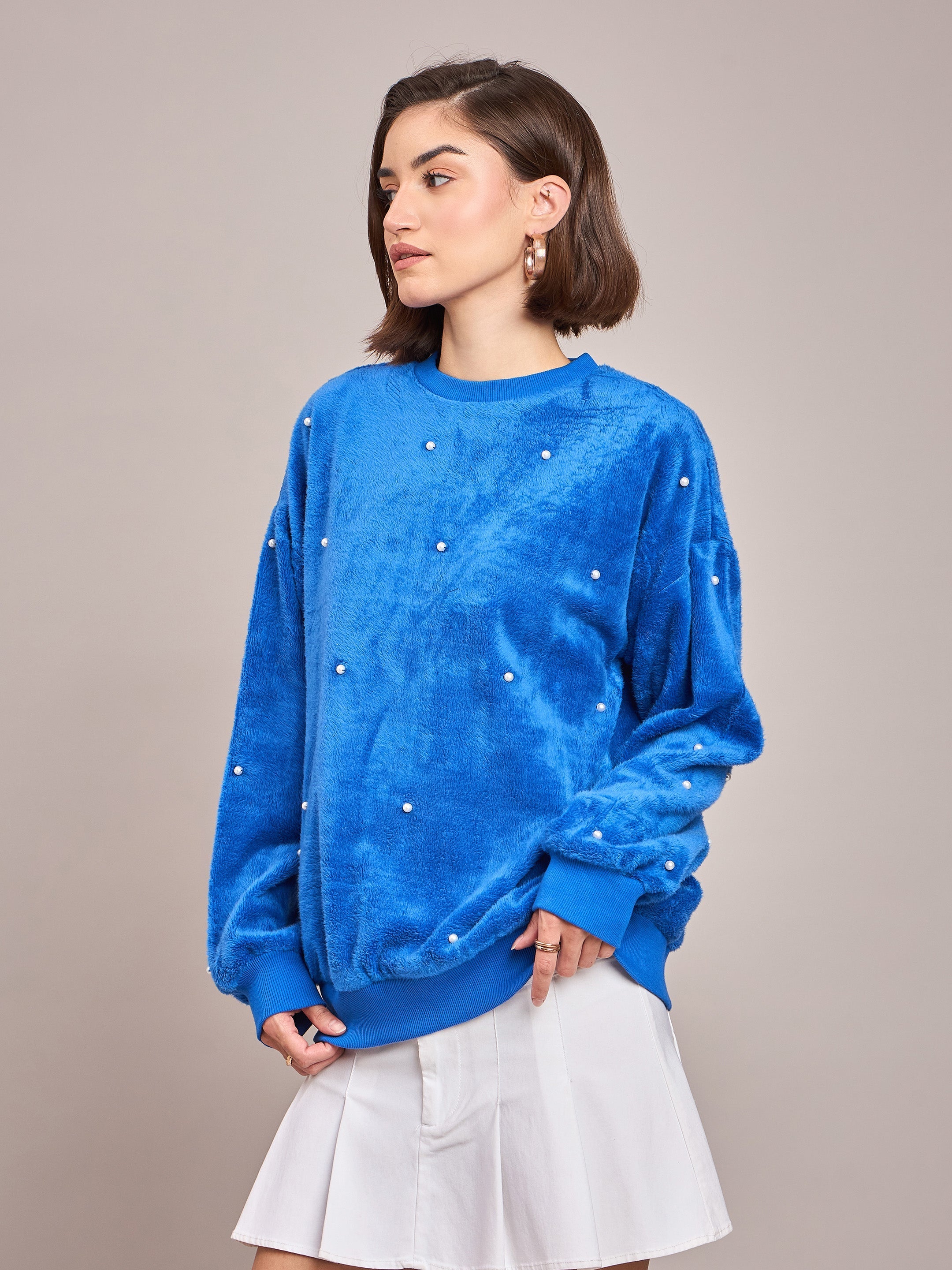 Women Royal Blue Fur Pearl Sweatshirt