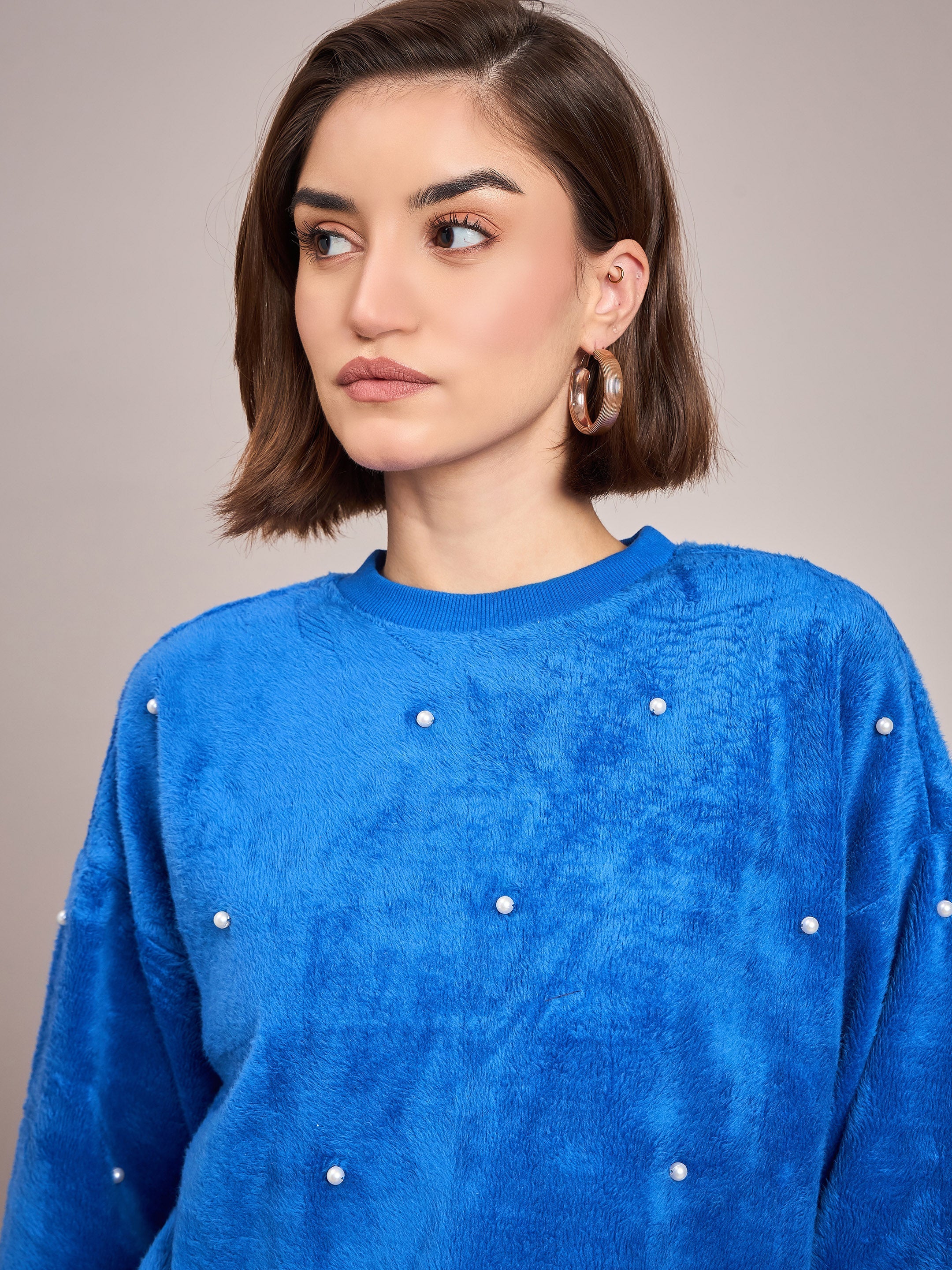 Women Royal Blue Fur Pearl Sweatshirt