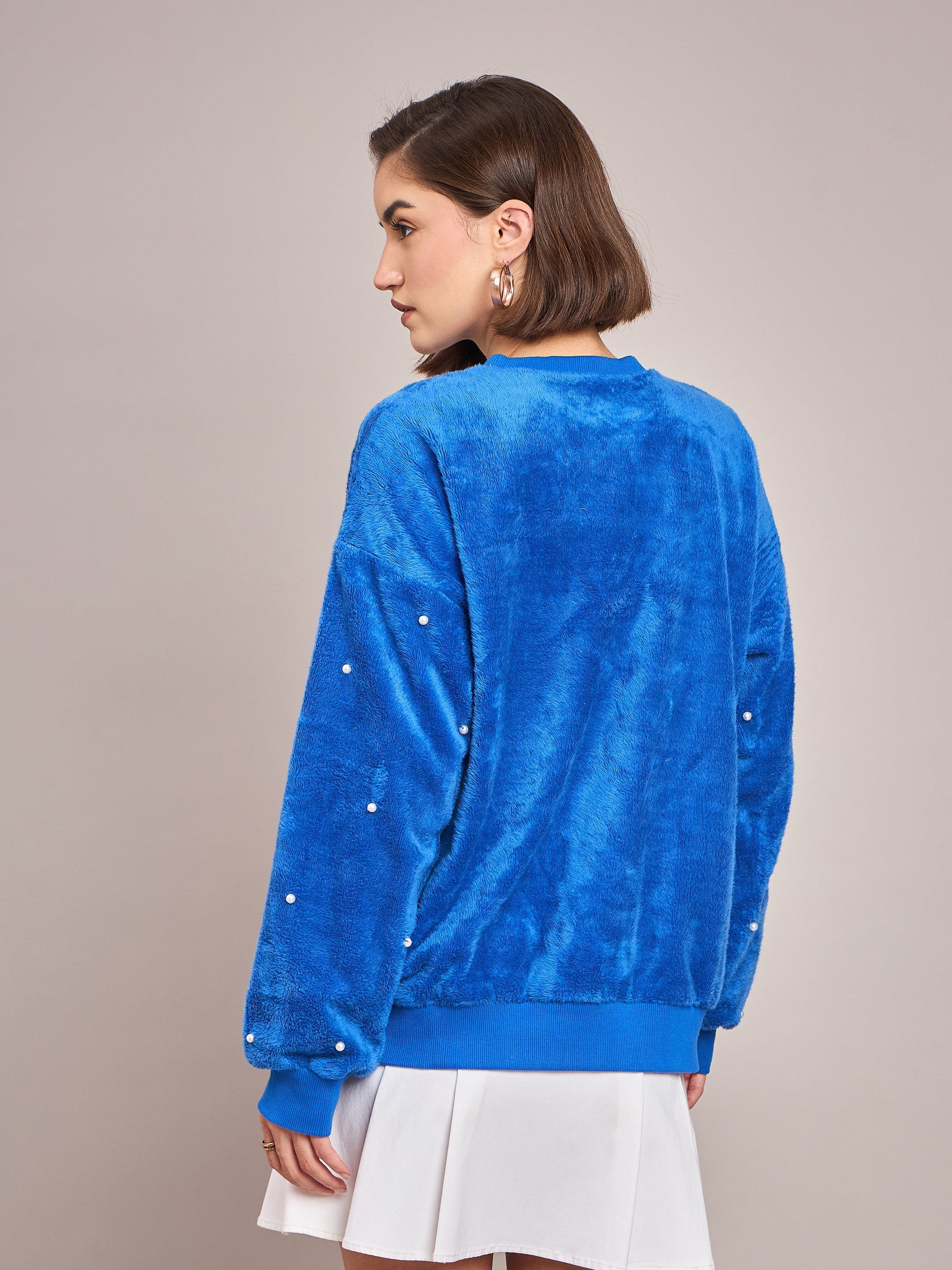 Women Royal Blue Fur Pearl Sweatshirt