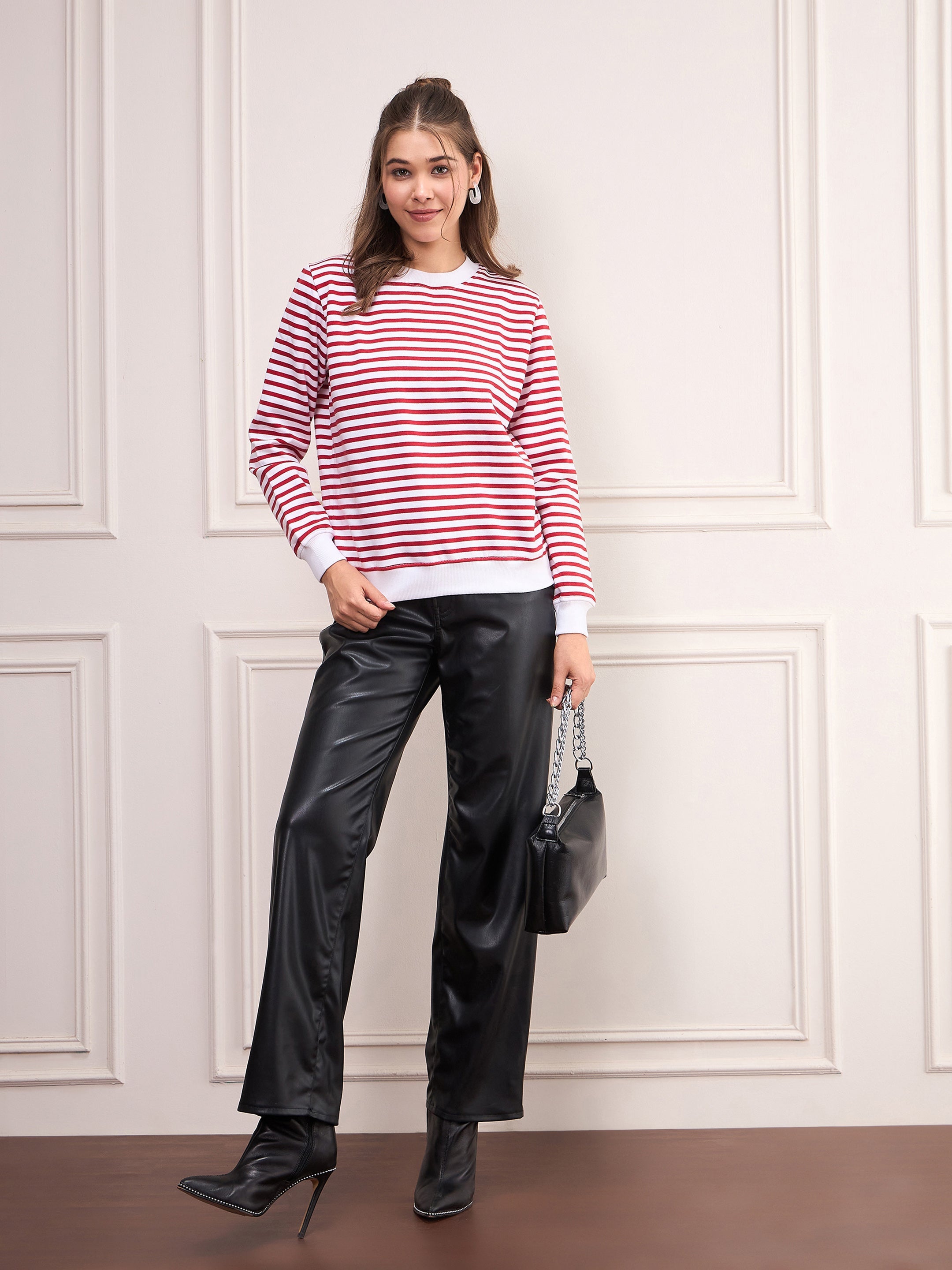 Women Red & White Striped Fleece Sweatshirt