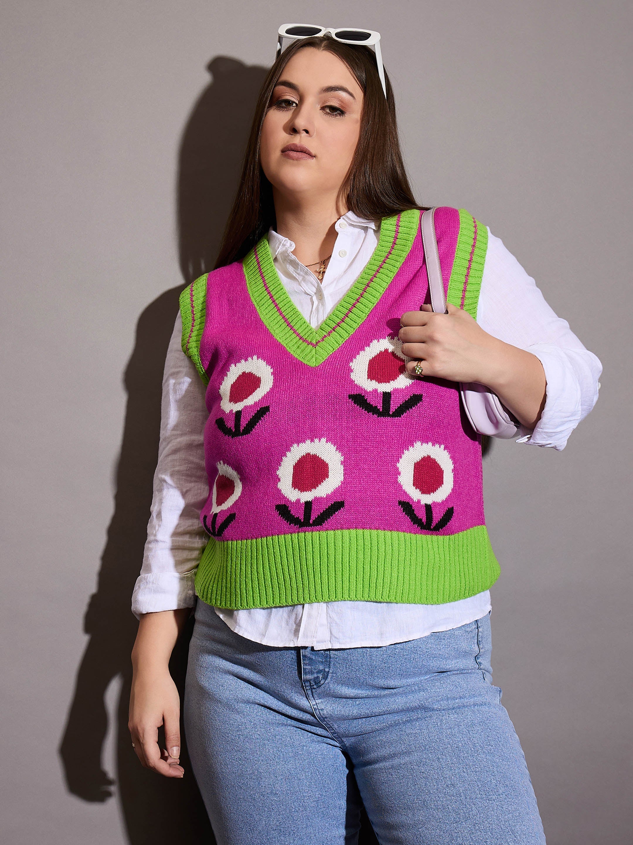 Women Pink Floral V-Neck Sweater Vest