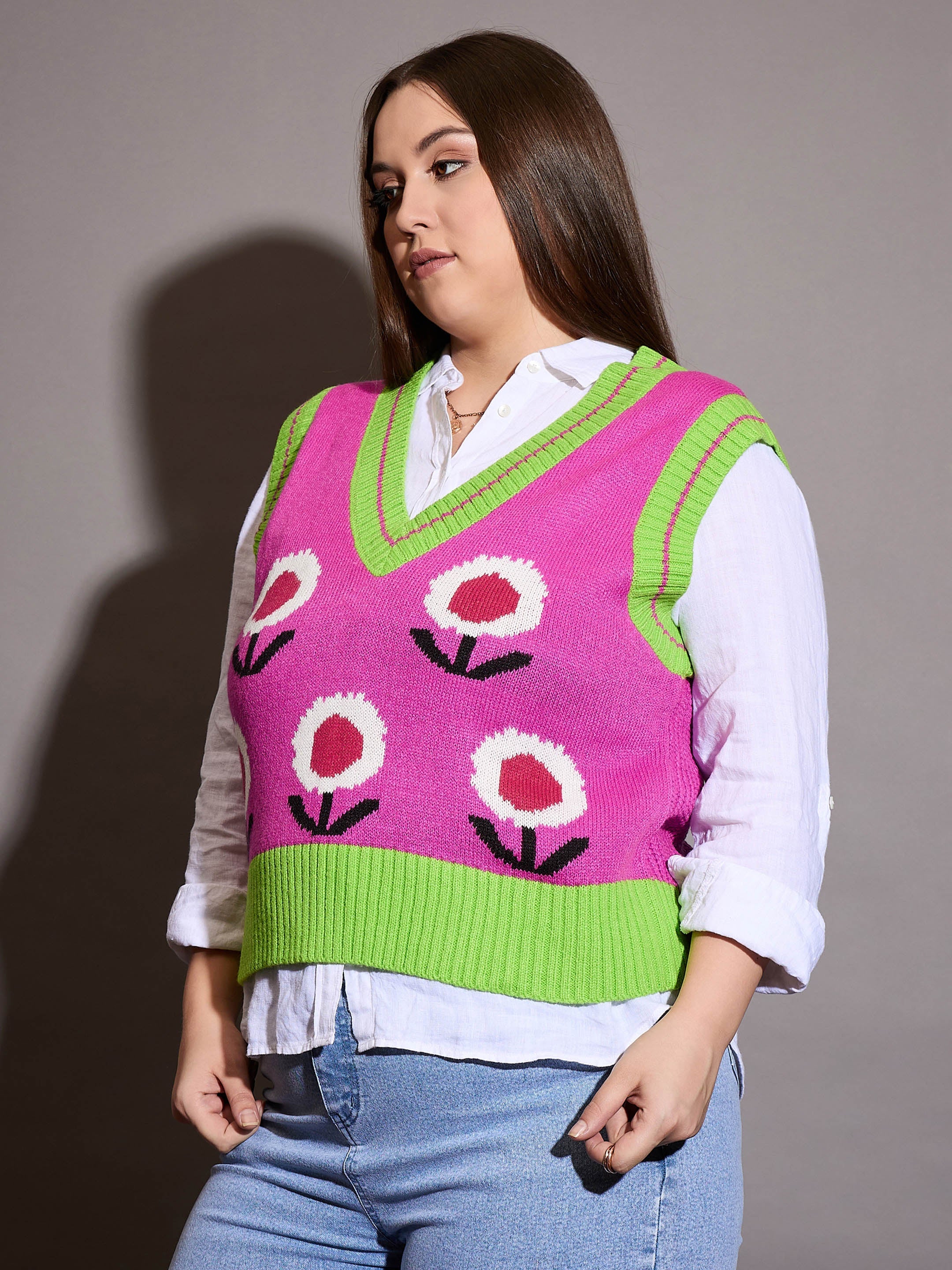 Women Pink Floral V-Neck Sweater Vest