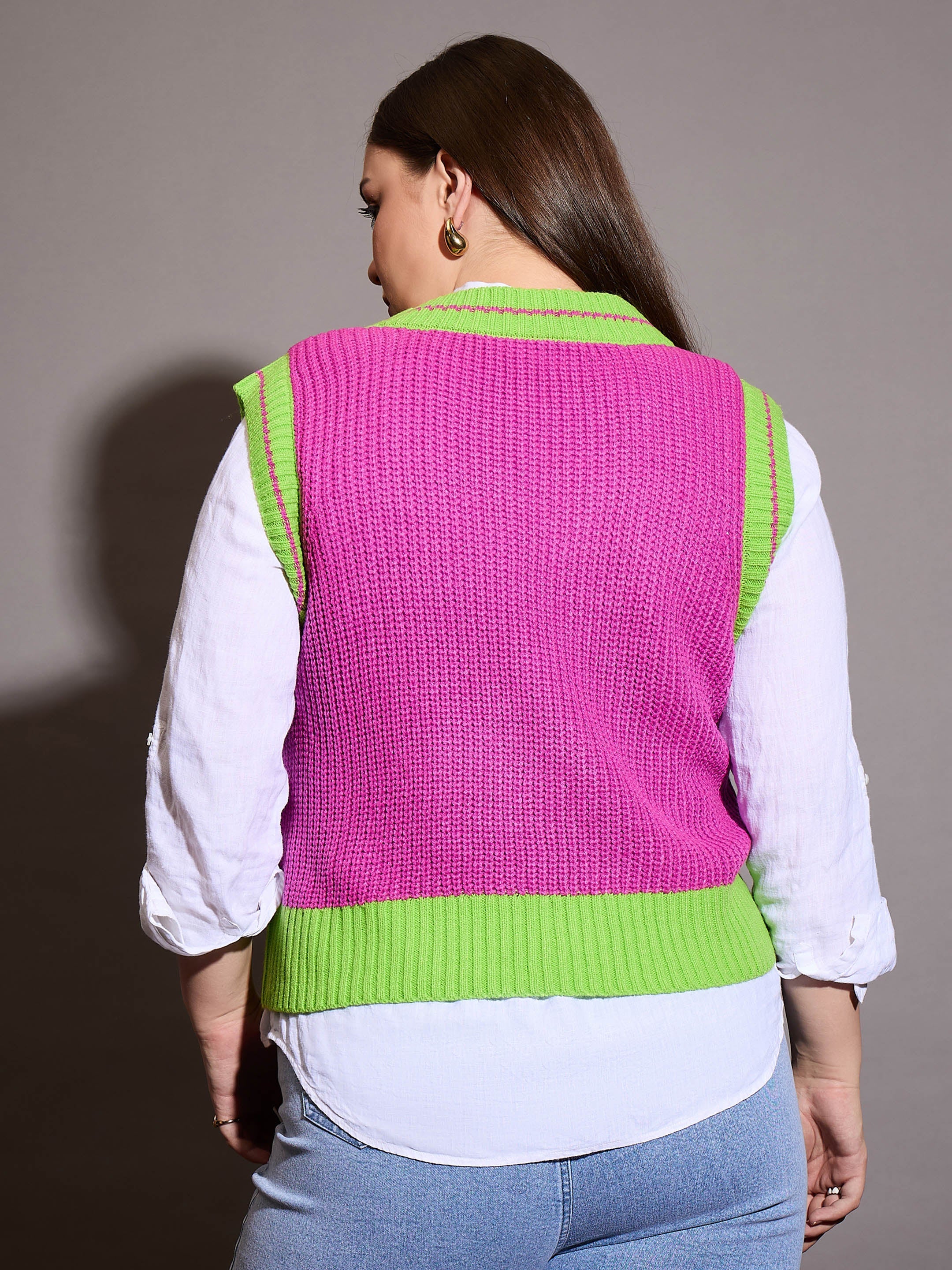 Women Pink Floral V-Neck Sweater Vest