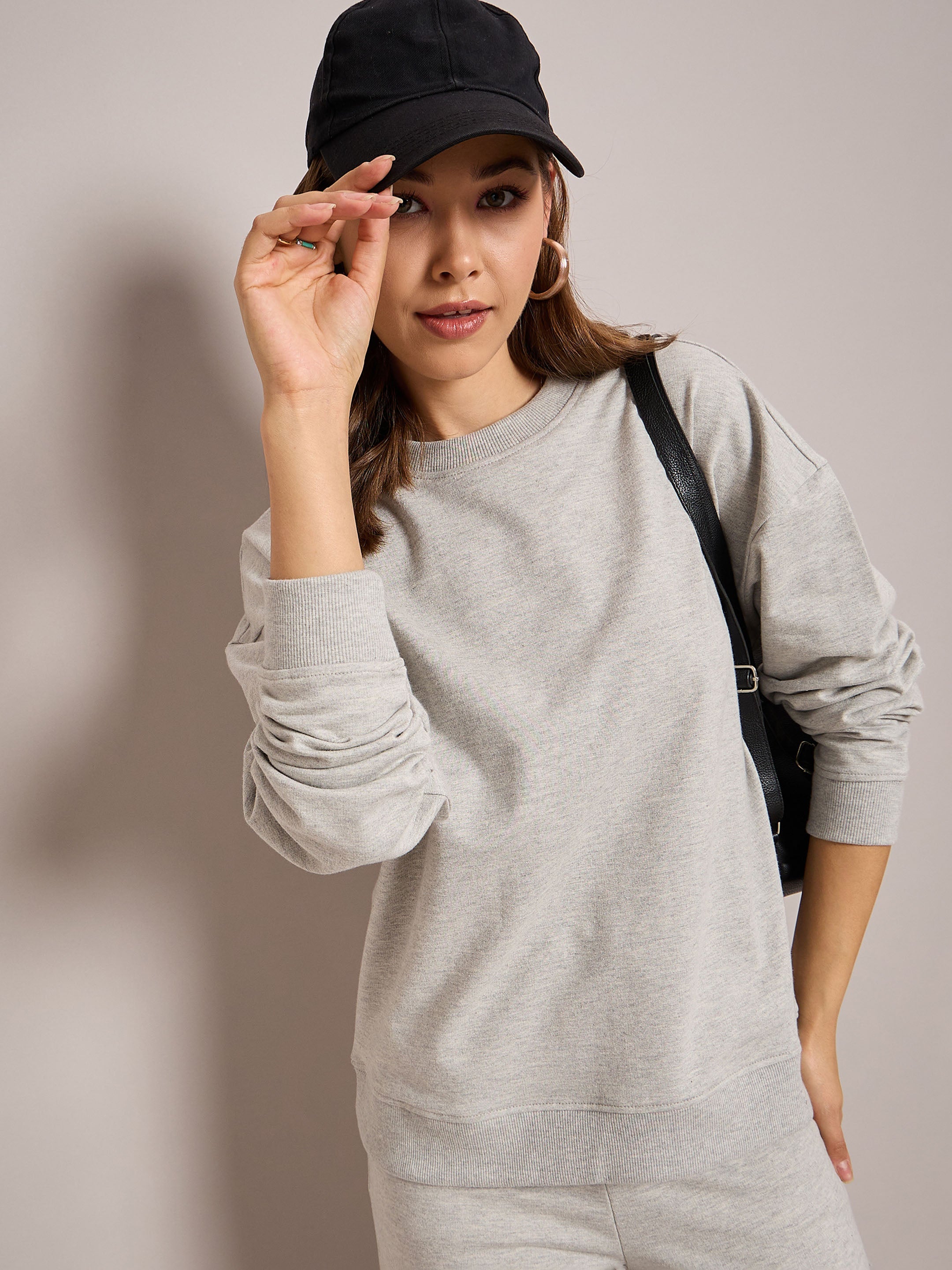 Women Grey Melange Terry Oversized Sweatshirt