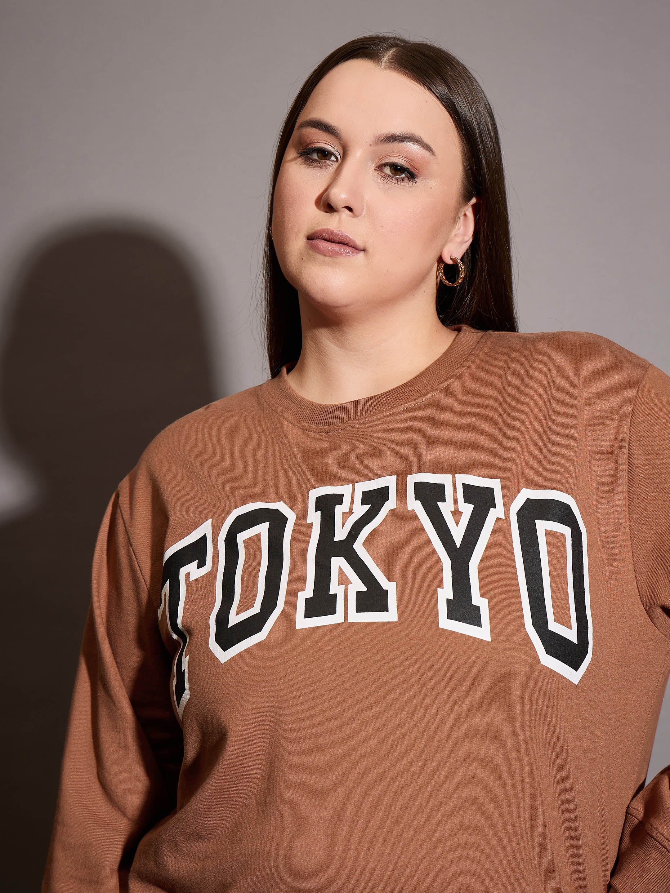 Women Brown Terry TOKYO Printed Sweatshirt