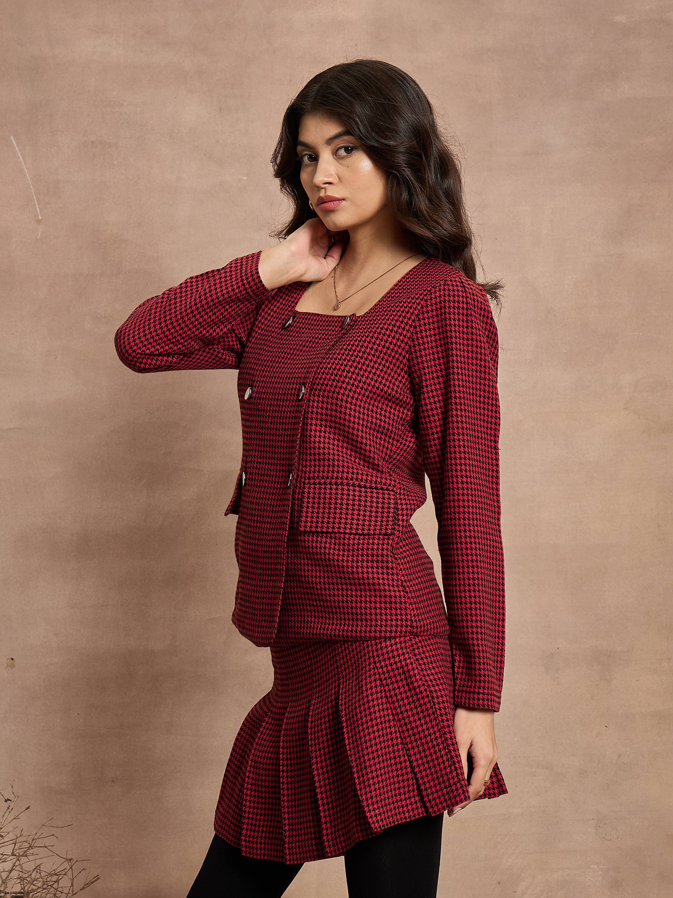 Women Red Houndstooth Check Square Neck Top