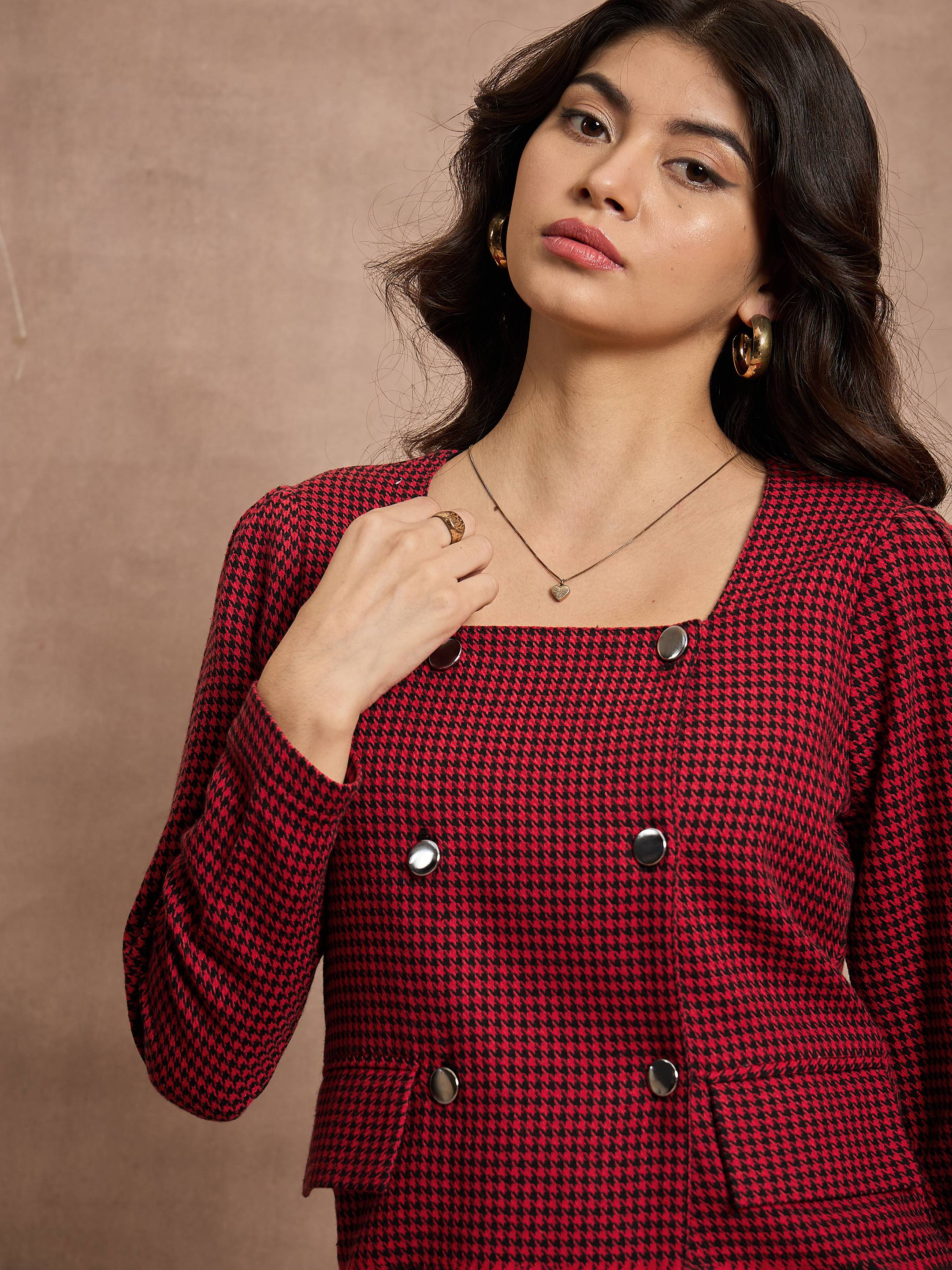 Women Red Houndstooth Check Square Neck Top