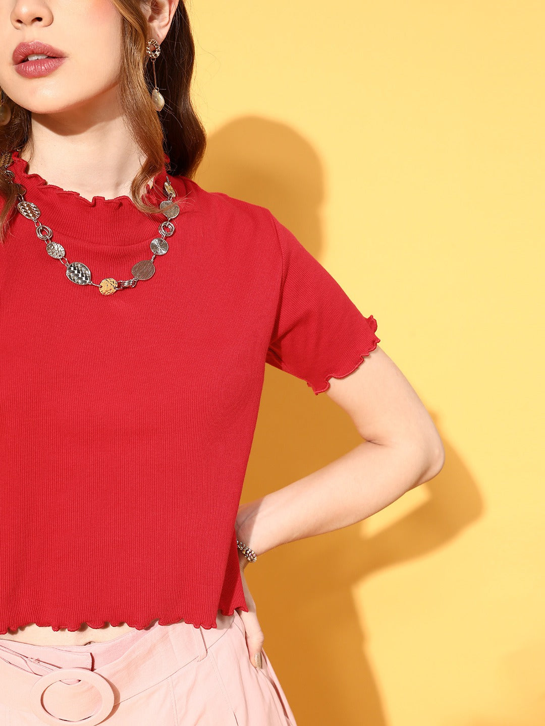 Women Red High Neck Regular Top