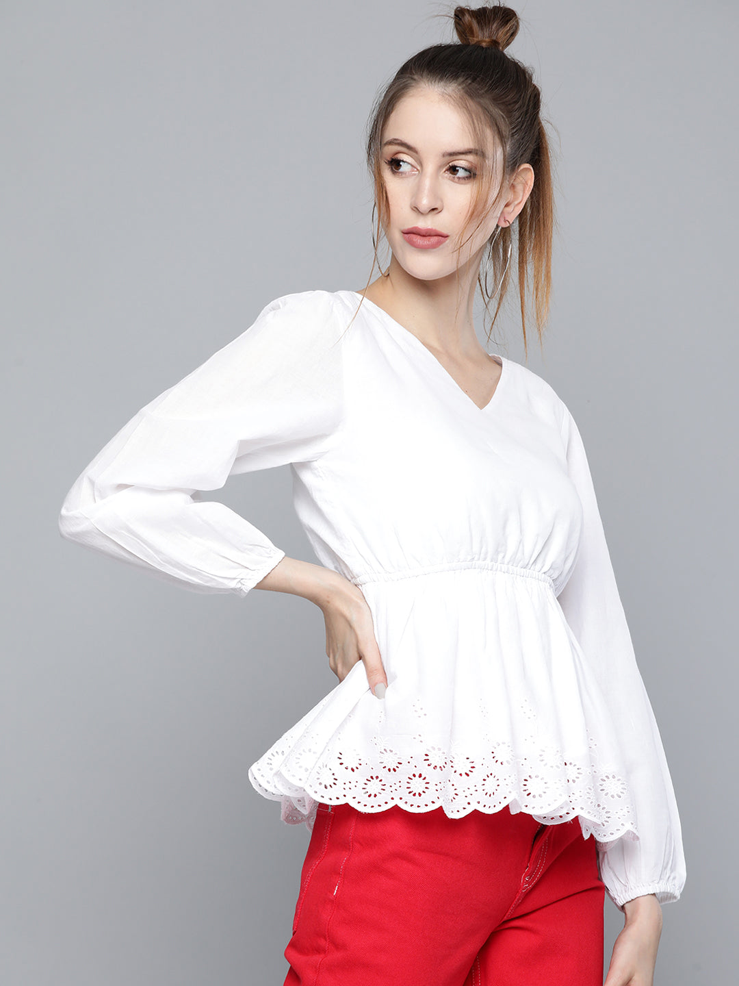 White Schiffli V-Neck Peplum Top