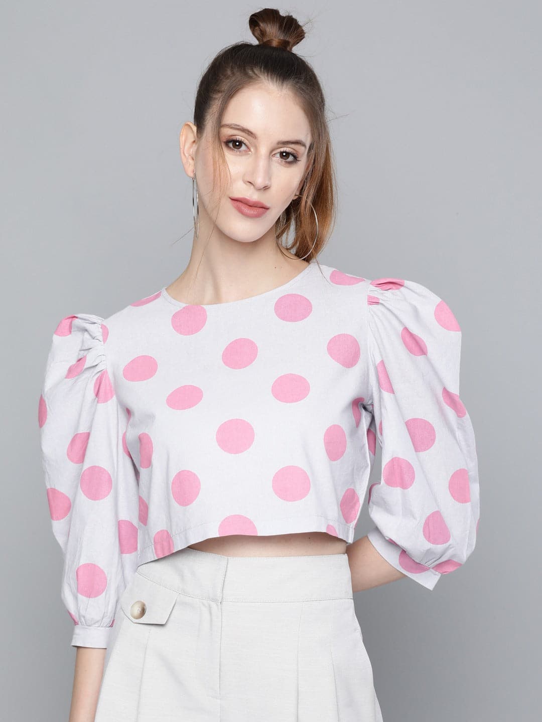 Pink & Grey Polka Puff Sleeve Crop Top