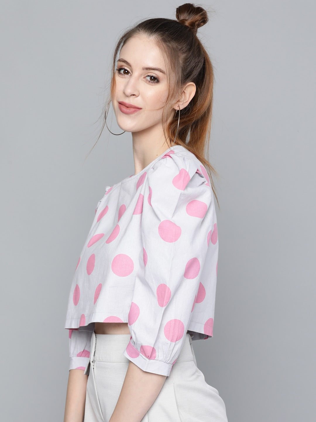 Pink & Grey Polka Puff Sleeve Crop Top