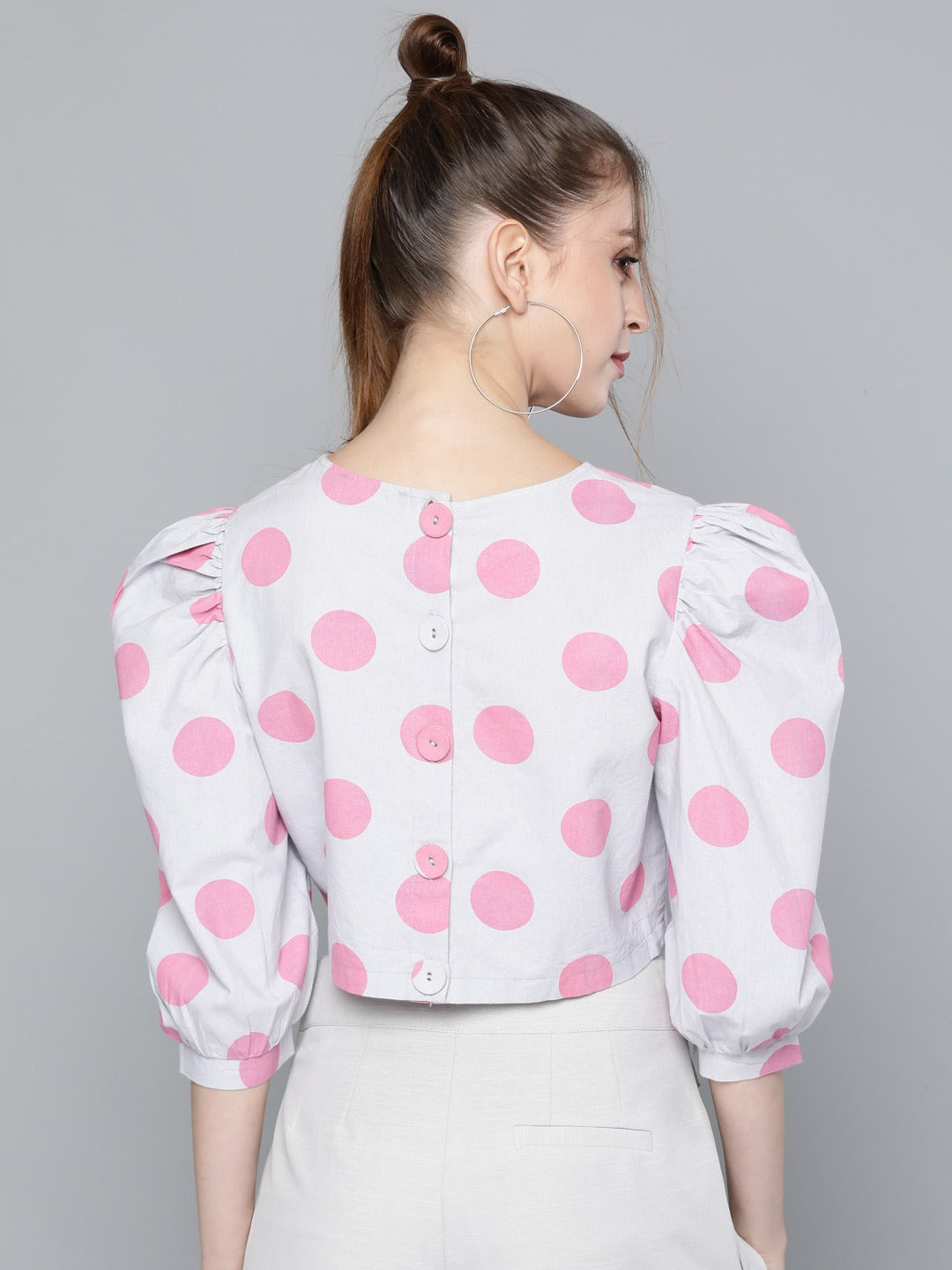 Pink & Grey Polka Puff Sleeve Crop Top