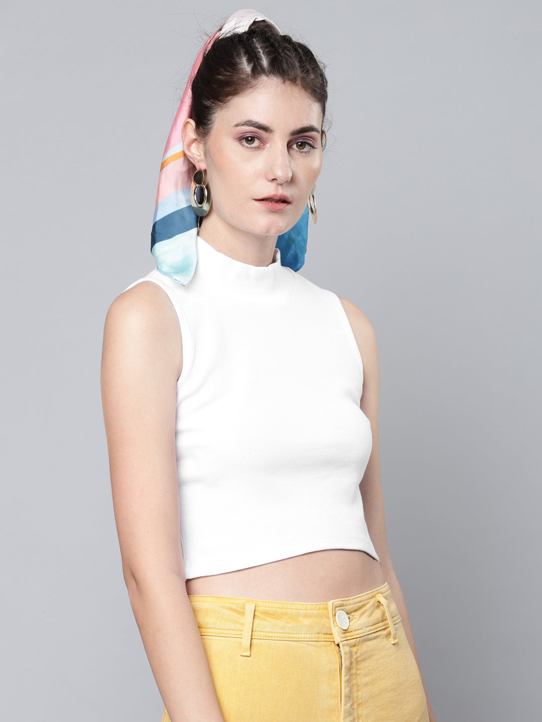 White High Neck Sleeveless Rib Crop Top