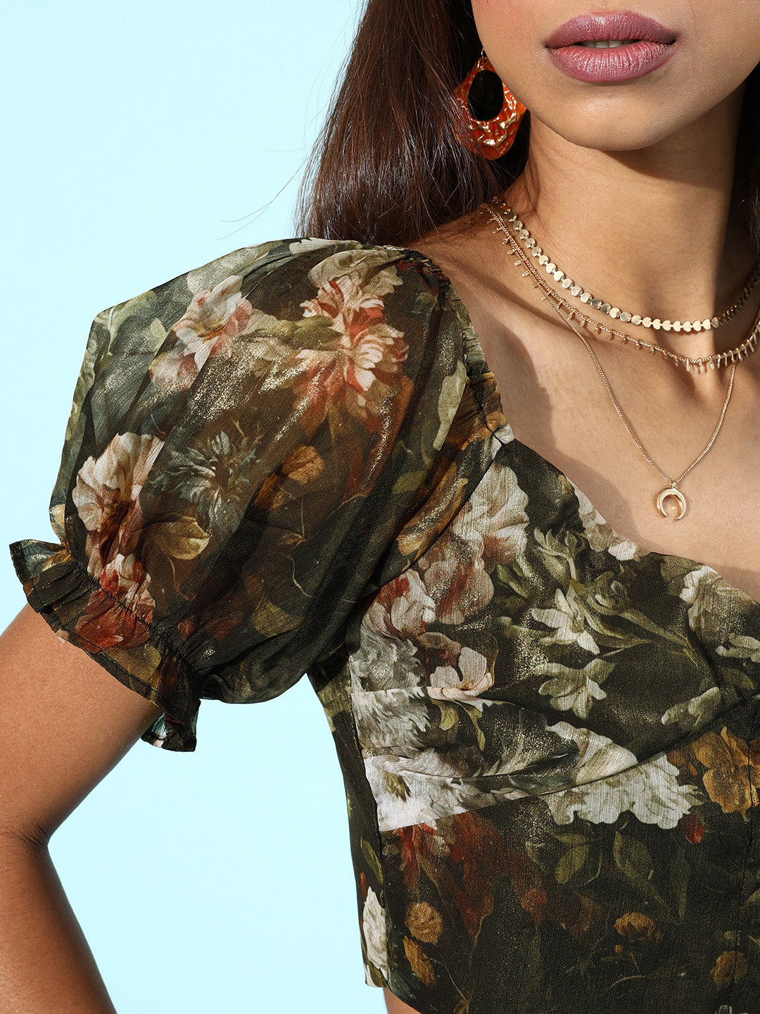 Green Floral Sweetheart Neck Crop Top