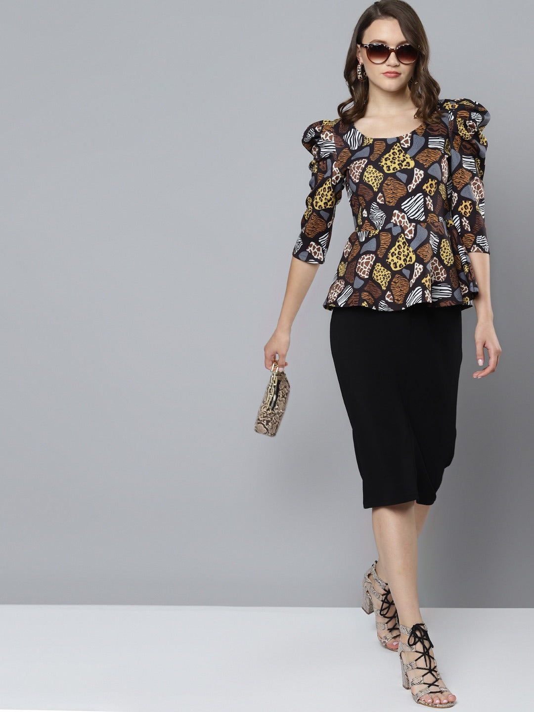 Black Scuba Abstract Animal Peplum Top