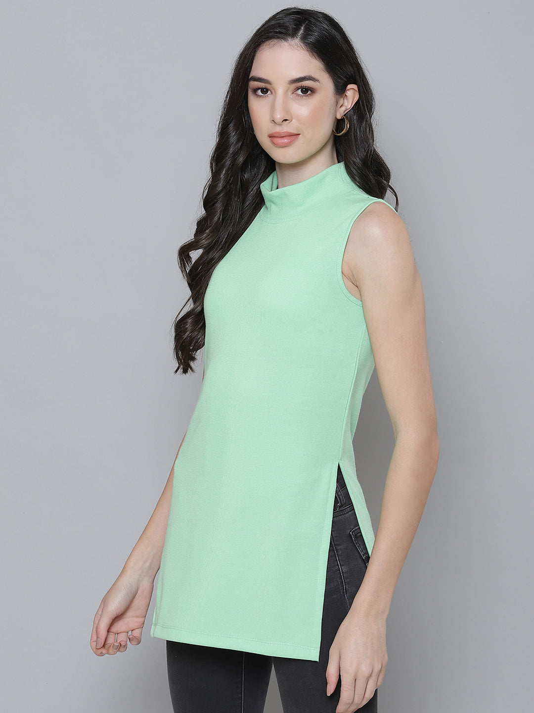 Mint Green Rib Side Slits Turtle Neck Long Top