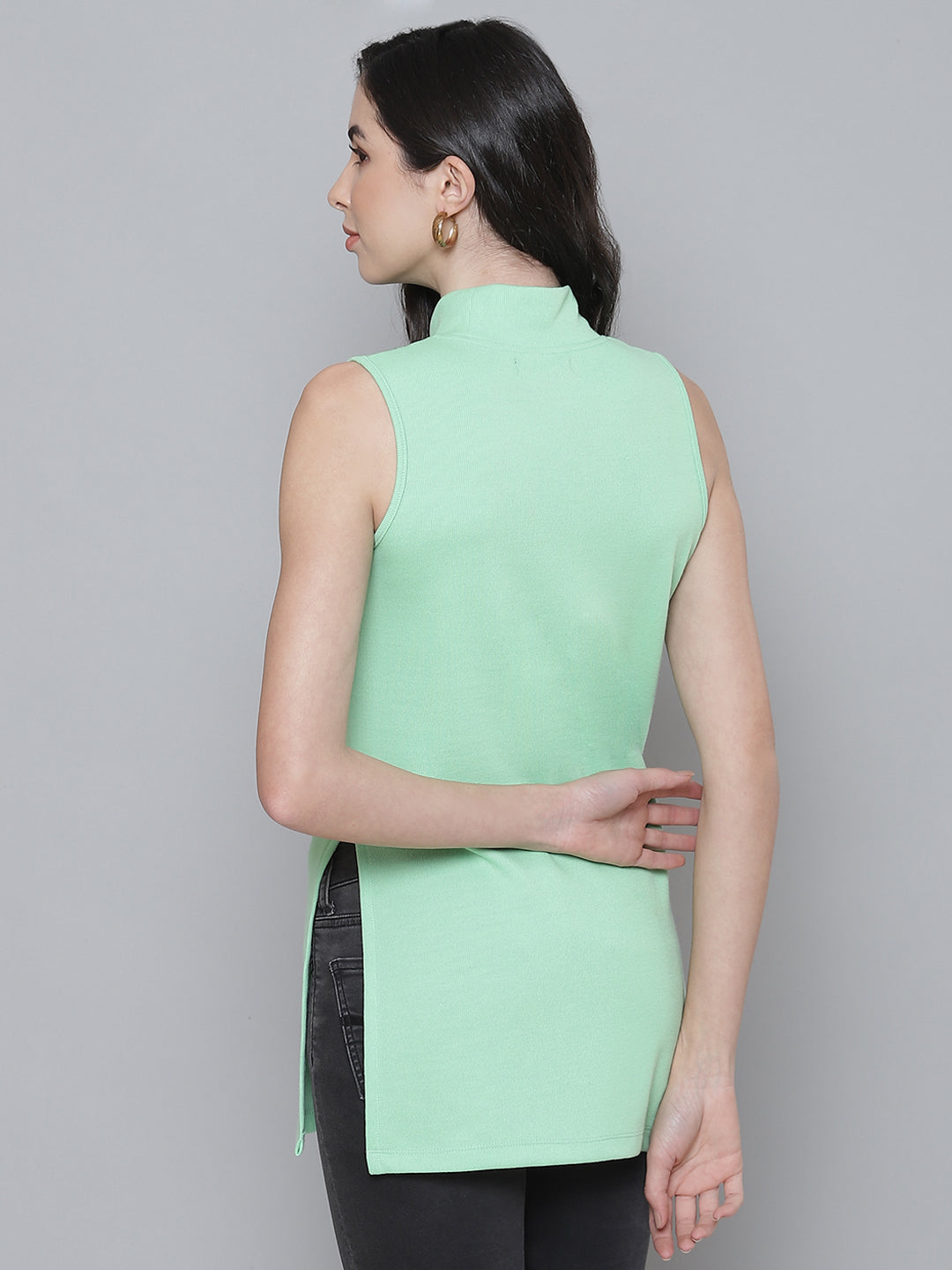 Mint Green Rib Side Slits Turtle Neck Long Top