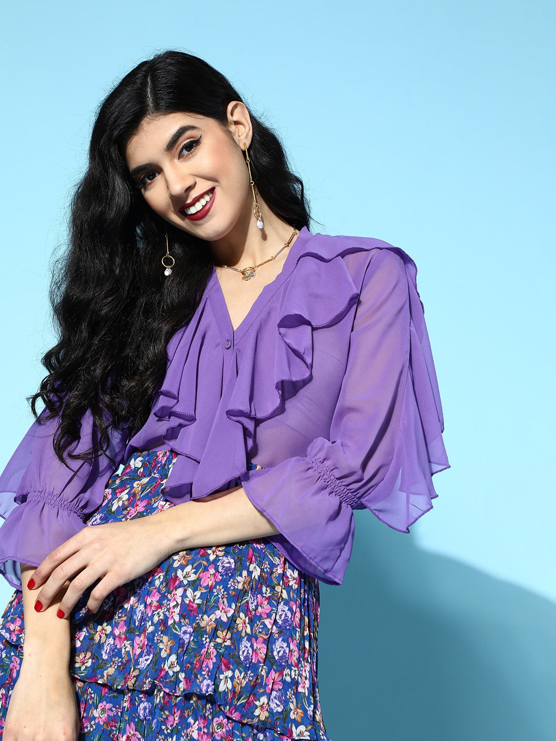 Purple Cascading Ruffle Solid Blouse