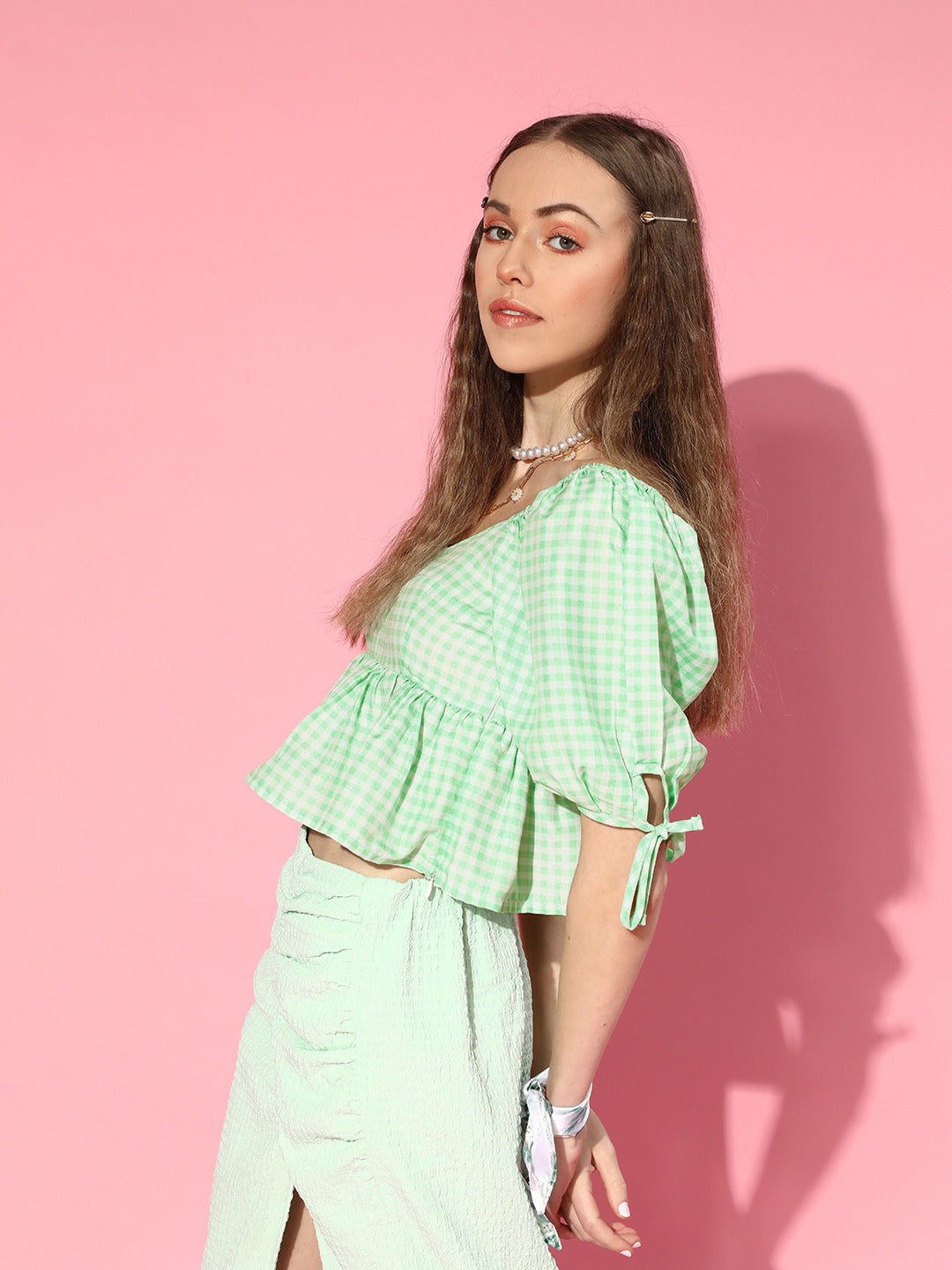 Women Green Gingham Check Peplum Crop Top