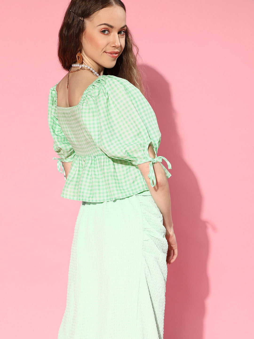 Women Green Gingham Check Peplum Crop Top