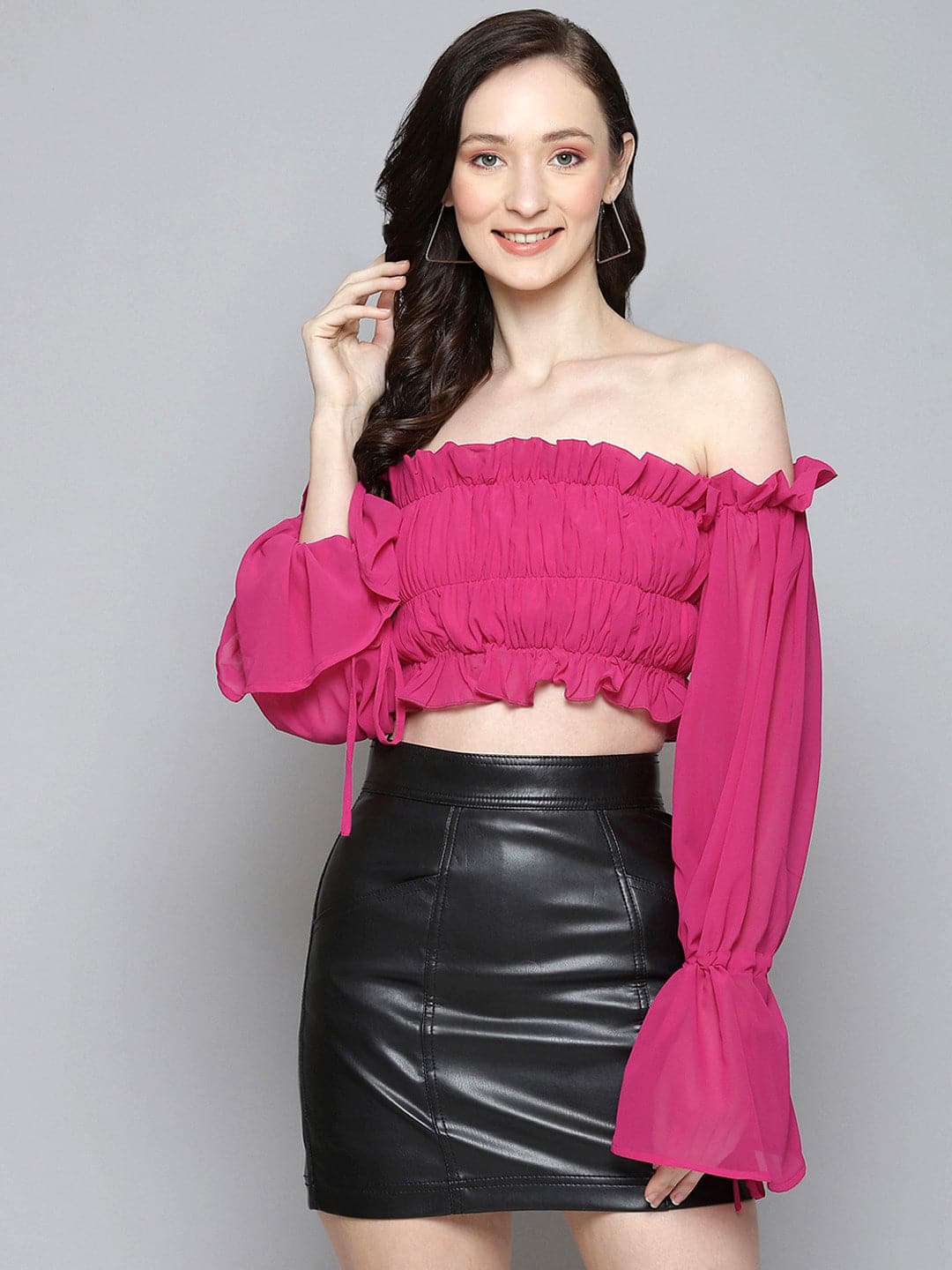 Women Fuchsia Off Shoulder Ruched Crop Top