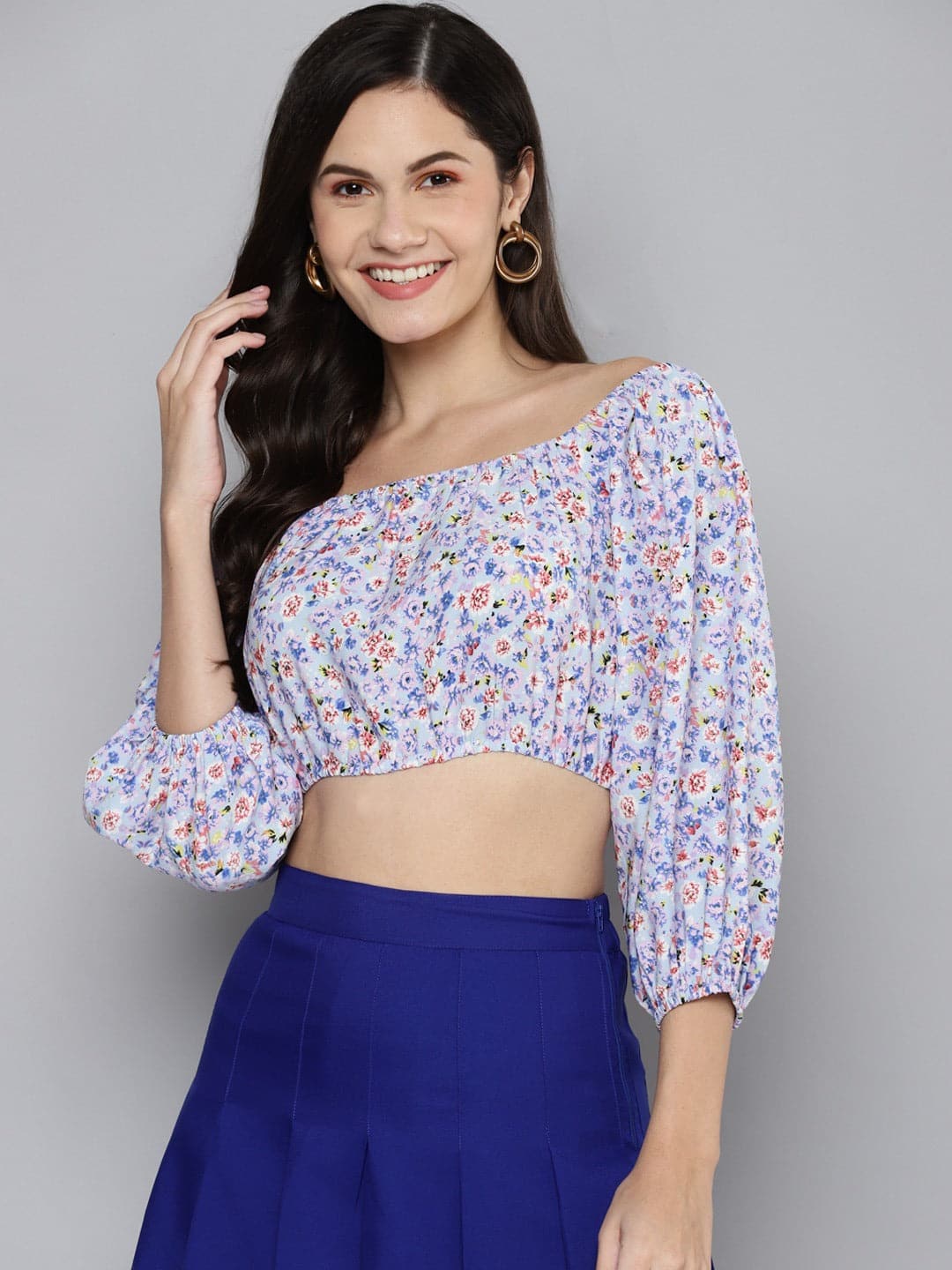 Women Blue Ditsy Floral Off Shoulder Crop Top