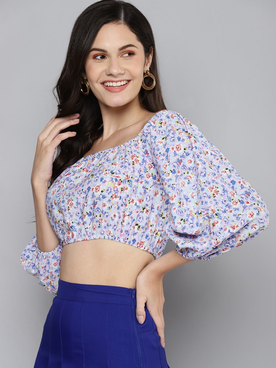 Women Blue Ditsy Floral Off Shoulder Crop Top