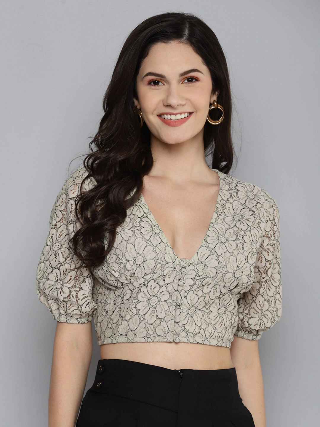 Women Beige Lace Puff Sleeve Crop Top