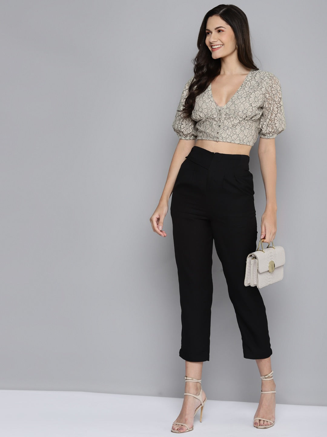 Women Beige Lace Puff Sleeve Crop Top