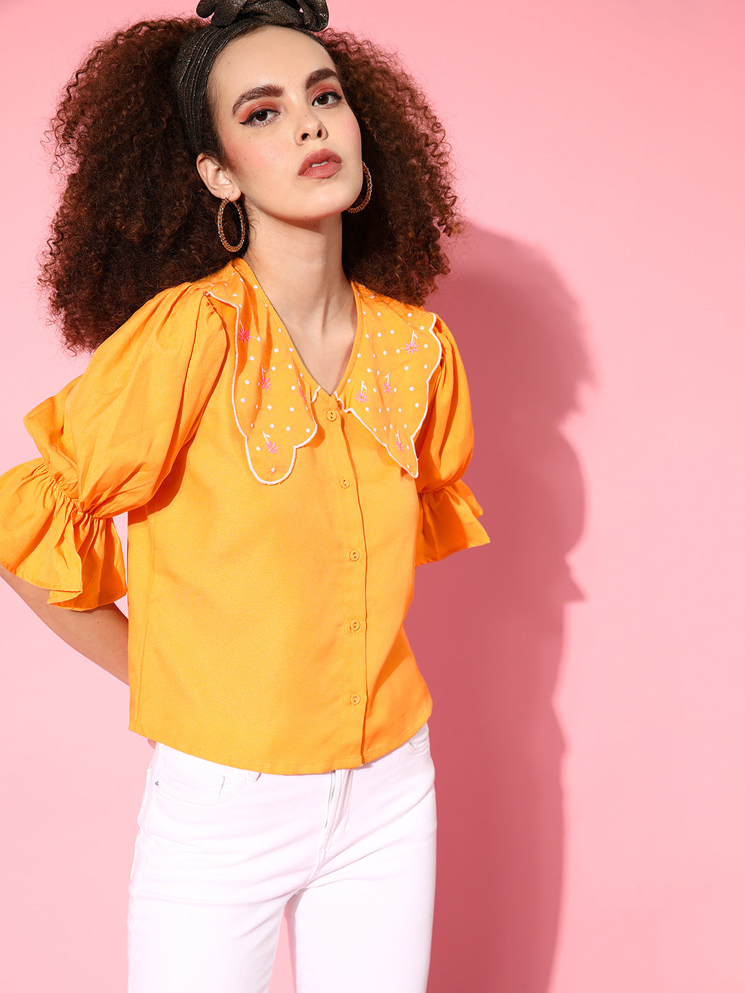 Women Orange Embroidered Front Open Broad Collar Top