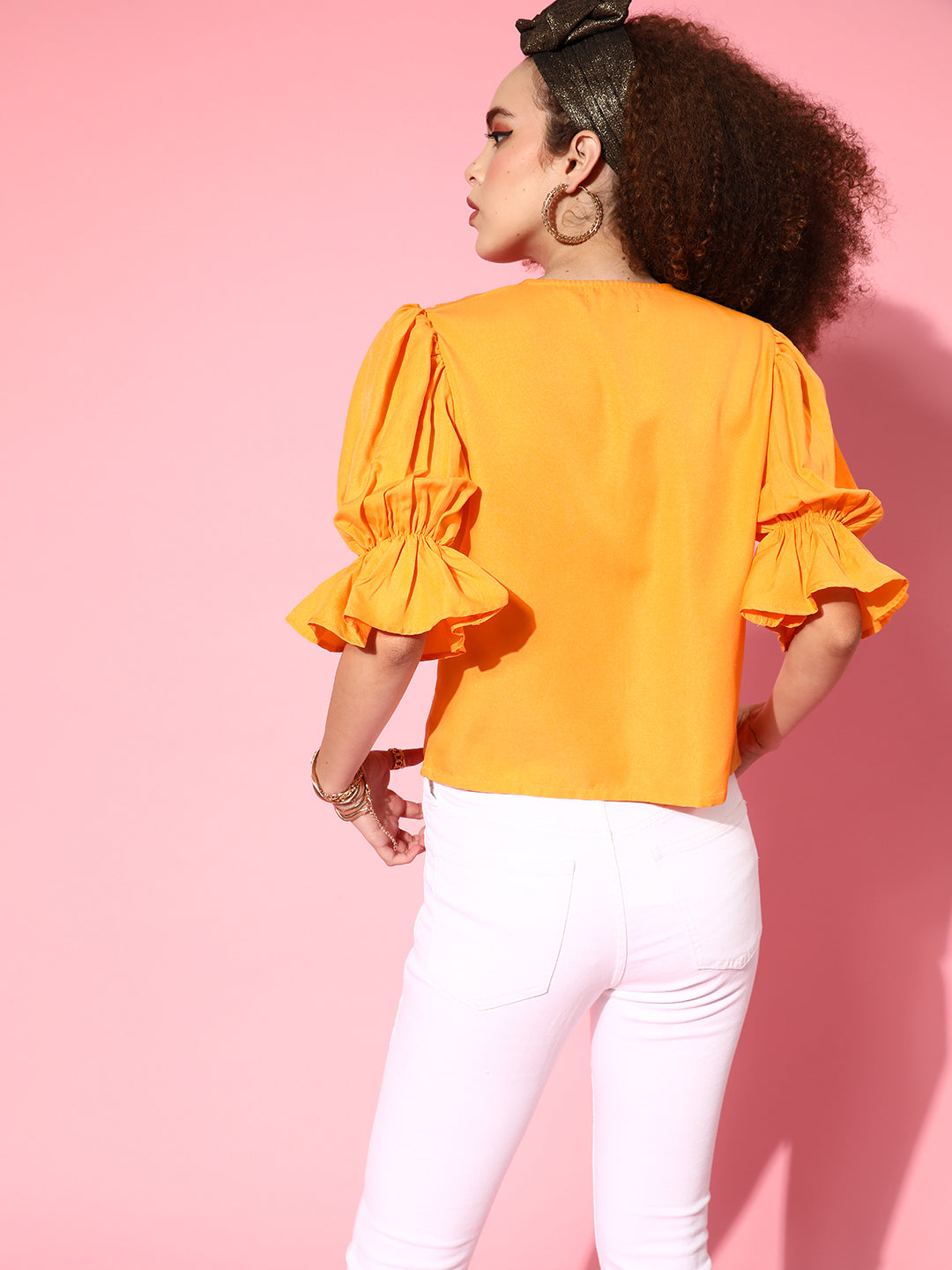 Women Orange Embroidered Front Open Broad Collar Top