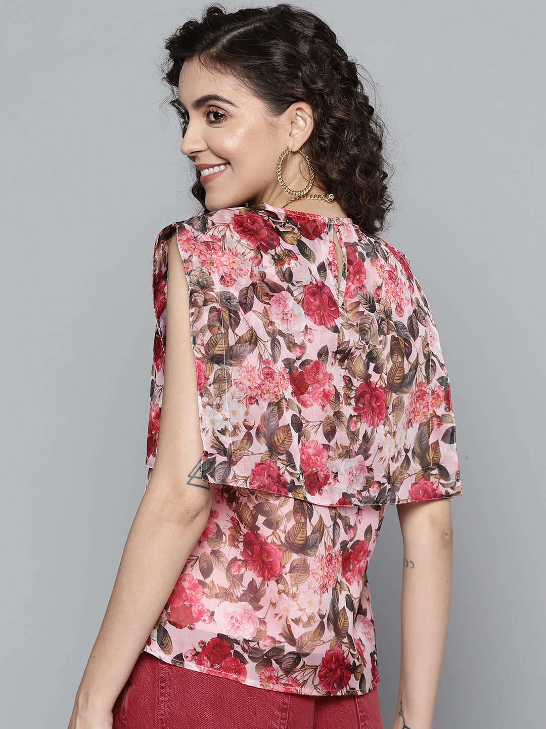 Women Pink Organza Floral Sailor Collar Top