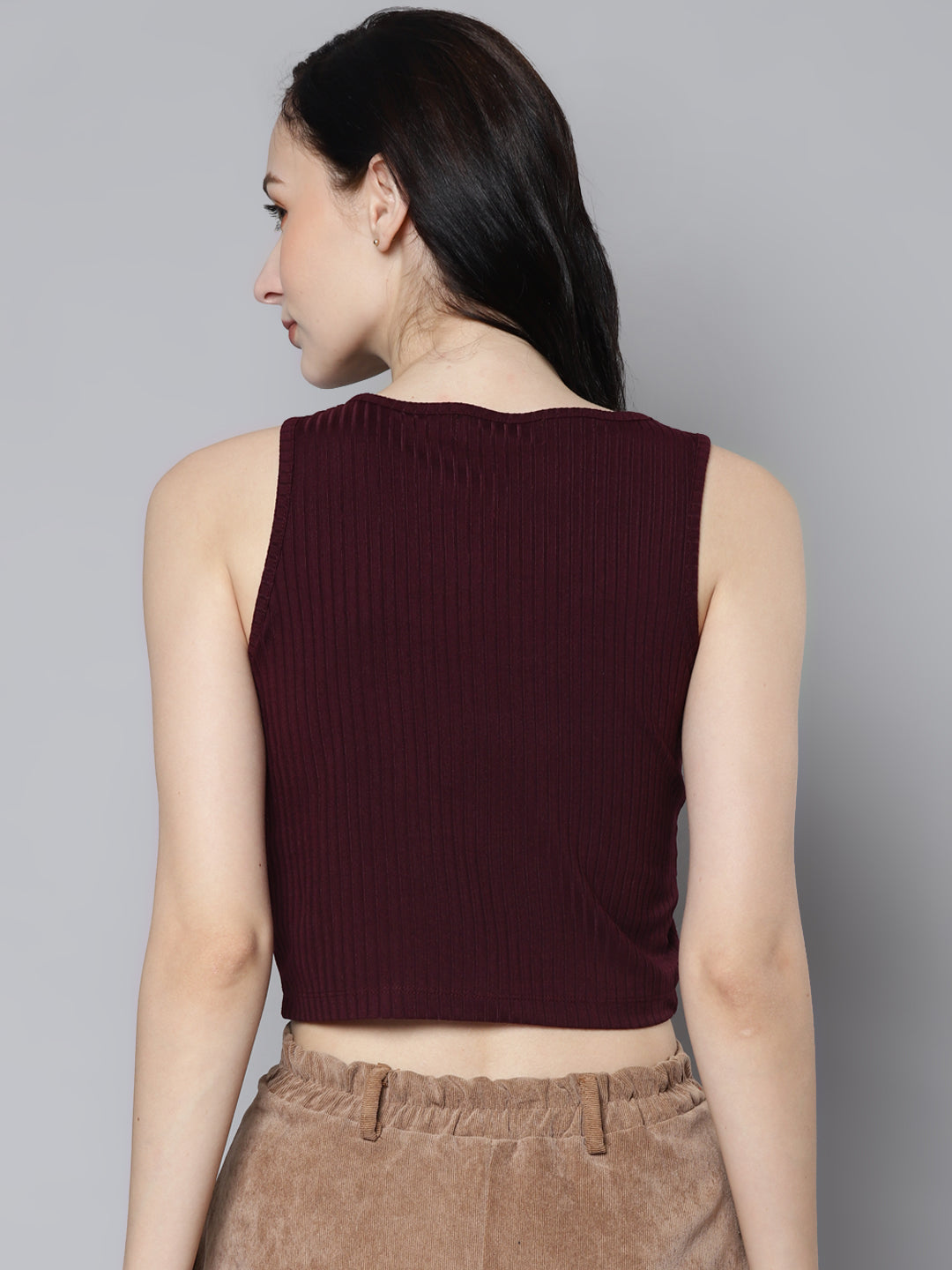 Women Burgundy Rib Asymmetric Armhole Crop Top