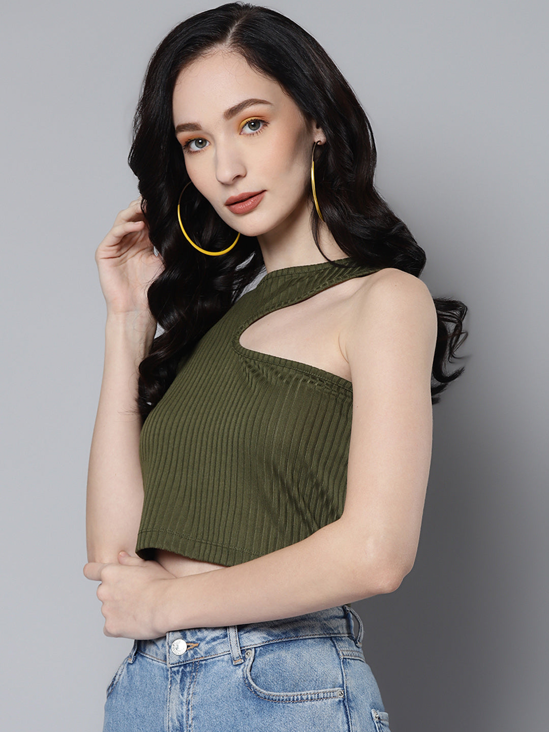 Women Olive Rib Asymmetric Armhole Crop Top