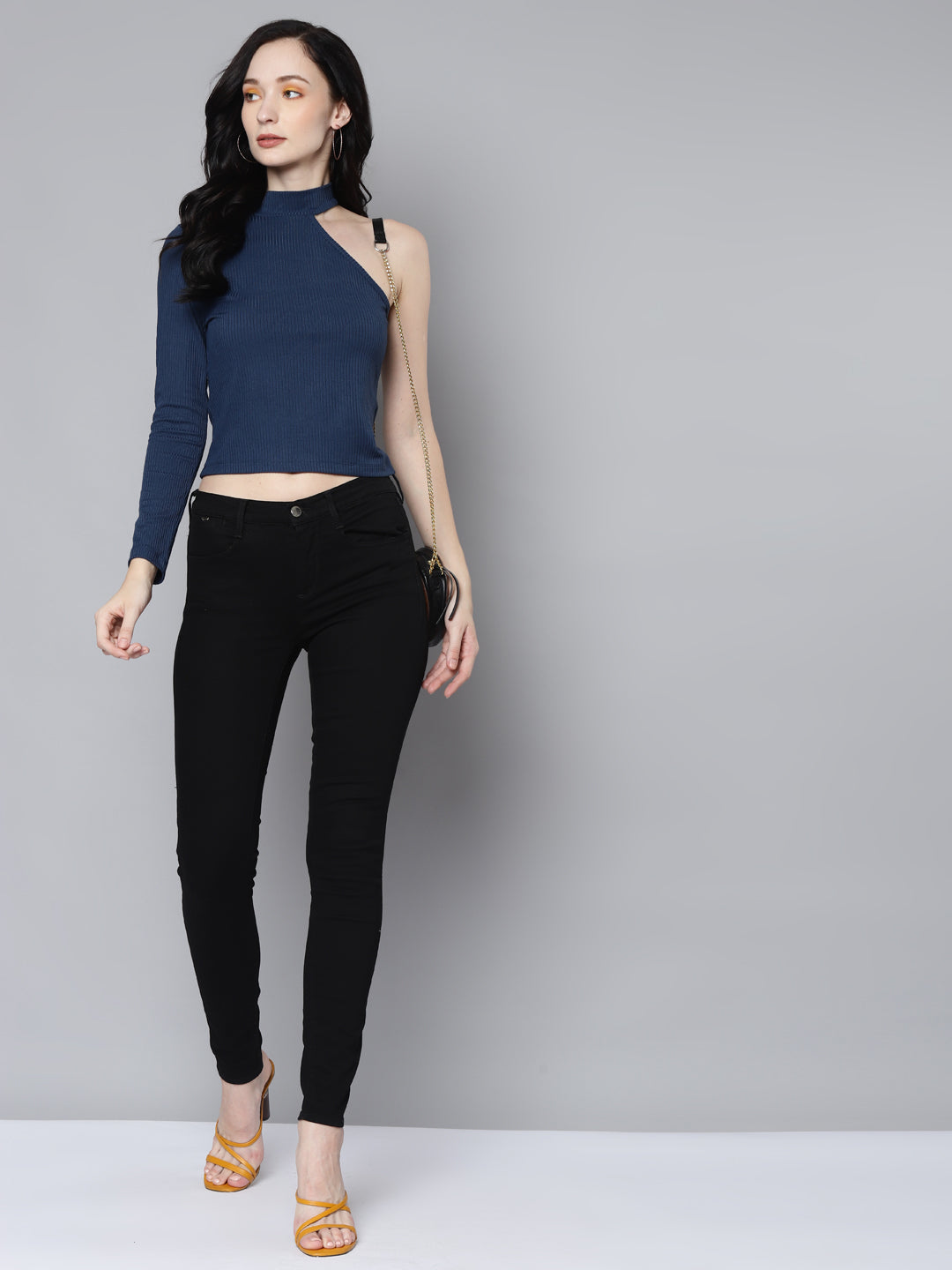 Women Blue Rib One Shoulder Collar Crop Top