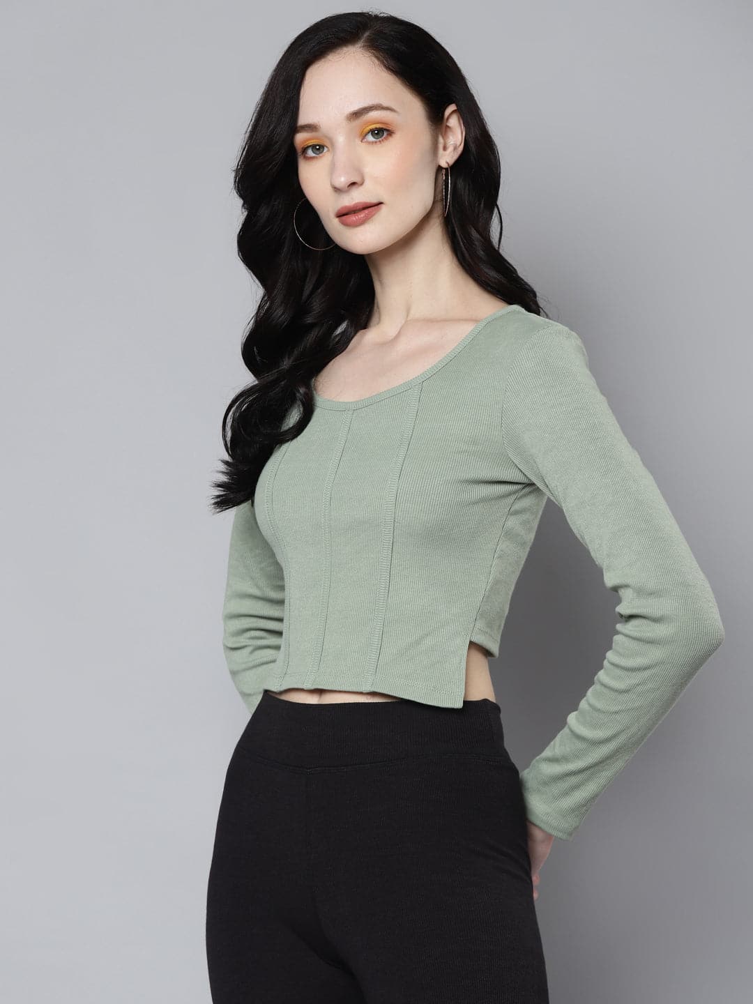 Women Olive Rib Full Sleeves Crop Top