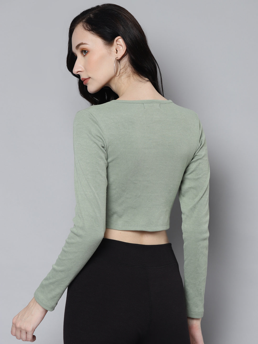 Women Olive Rib Full Sleeves Crop Top