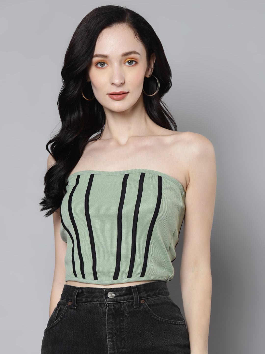 Women Olive Rib Contrast Piping Tube Top