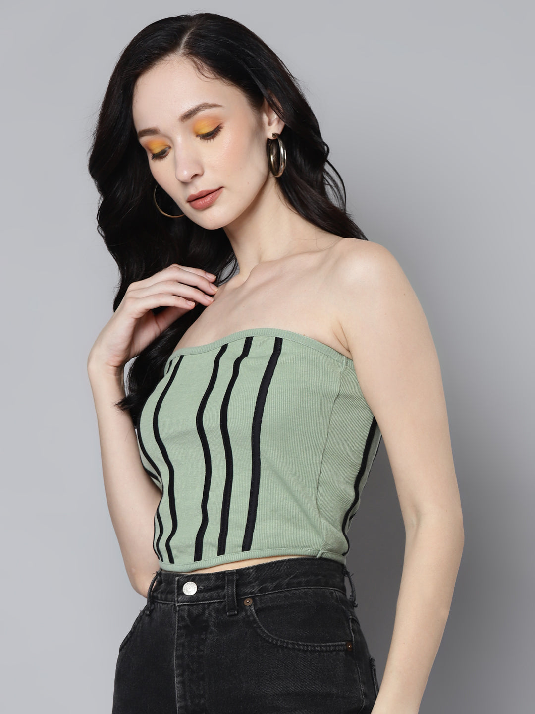 Women Olive Rib Contrast Piping Tube Top