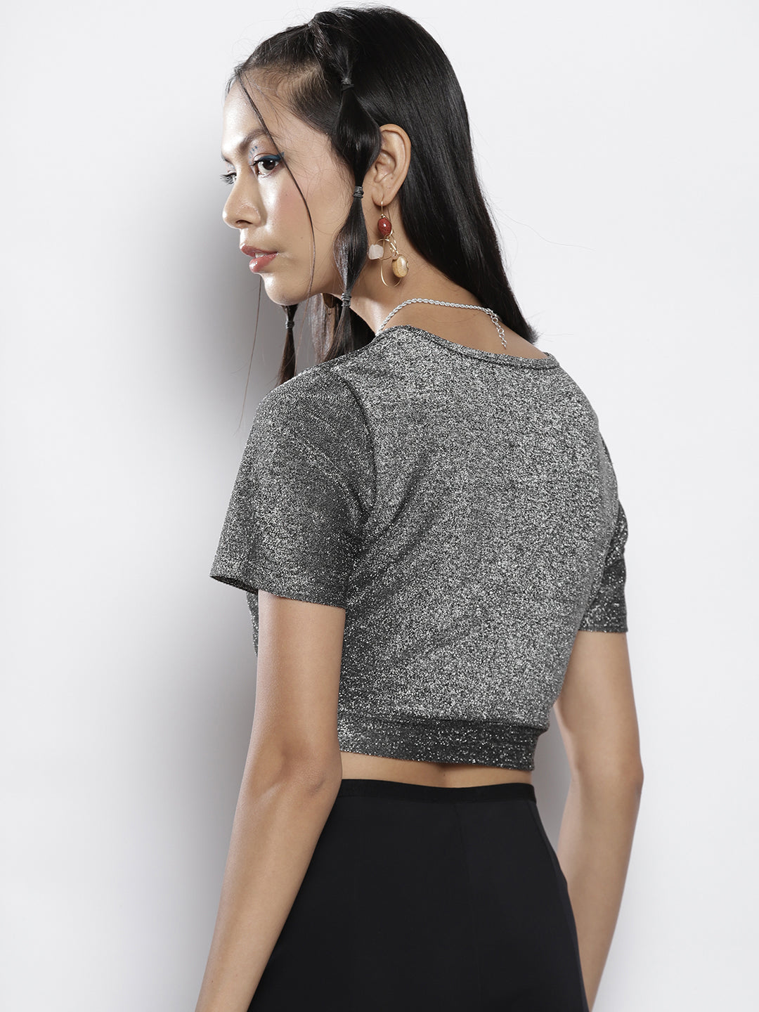 Women Silver Lurex Front Ruched Crop Top