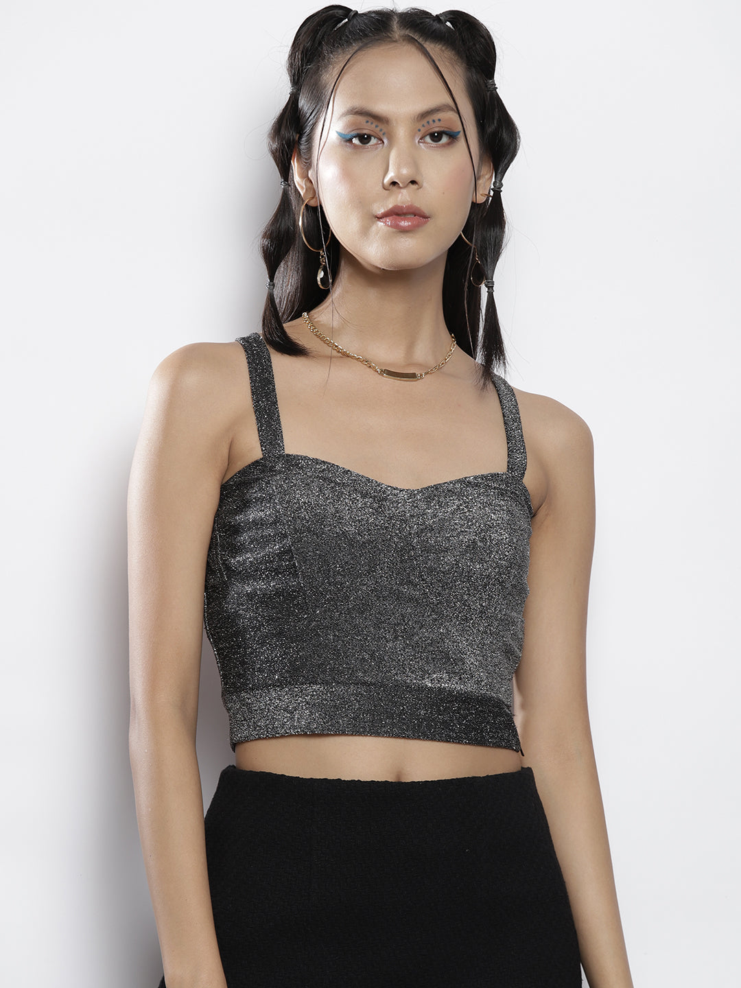 Women Silver Lurex Halter Neck Crop Top