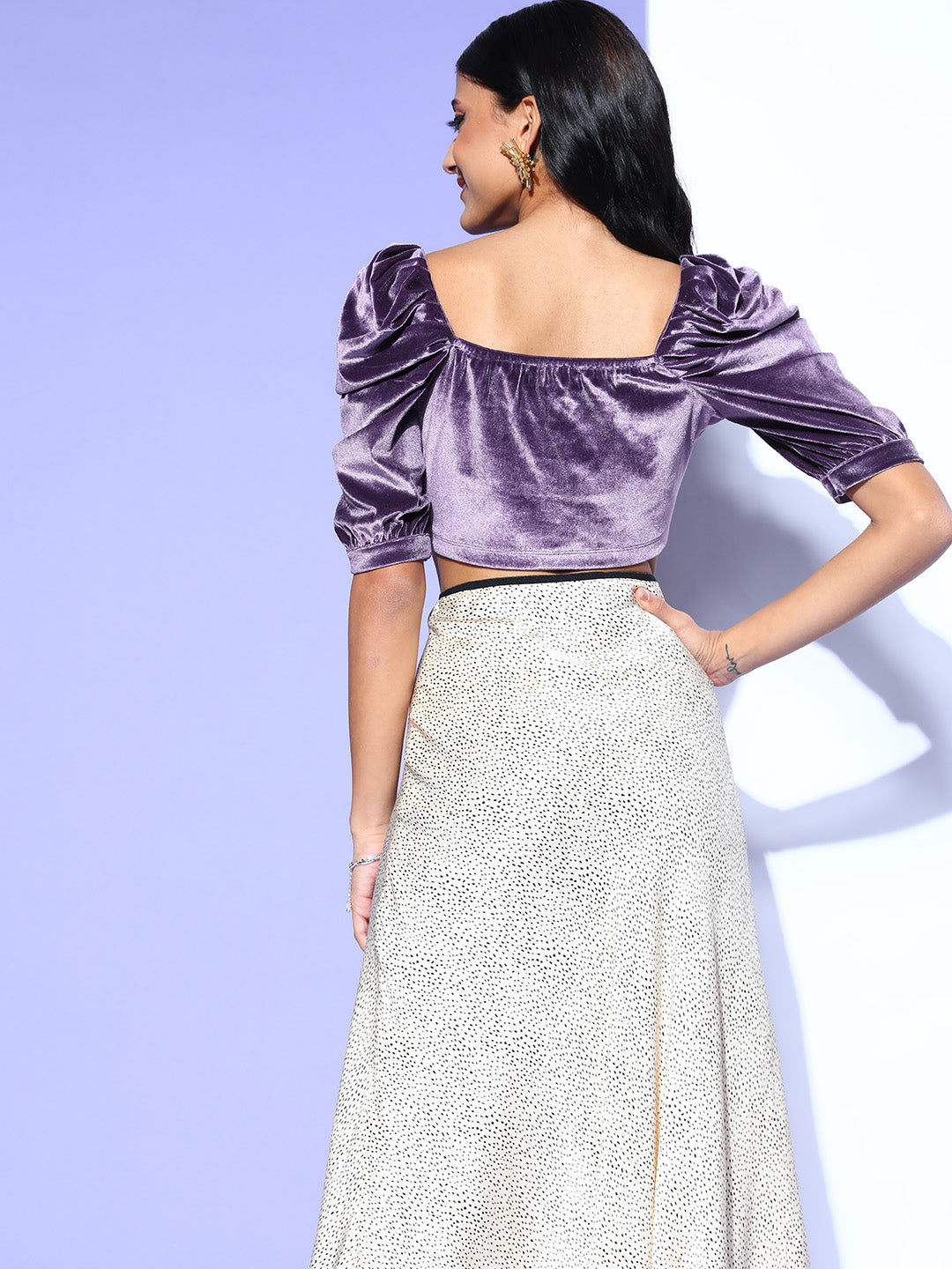 Women Purple Velvet Rouched Crop Top