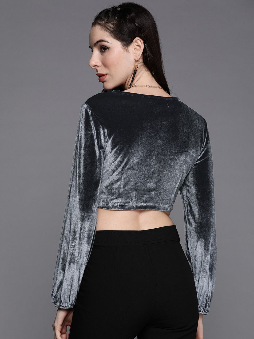 Women Grey Velvet V-Neck Front Open Top