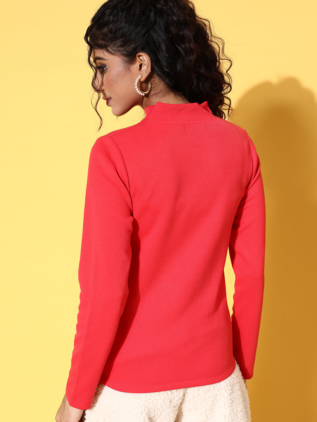 Women Red Rib High Neck Top