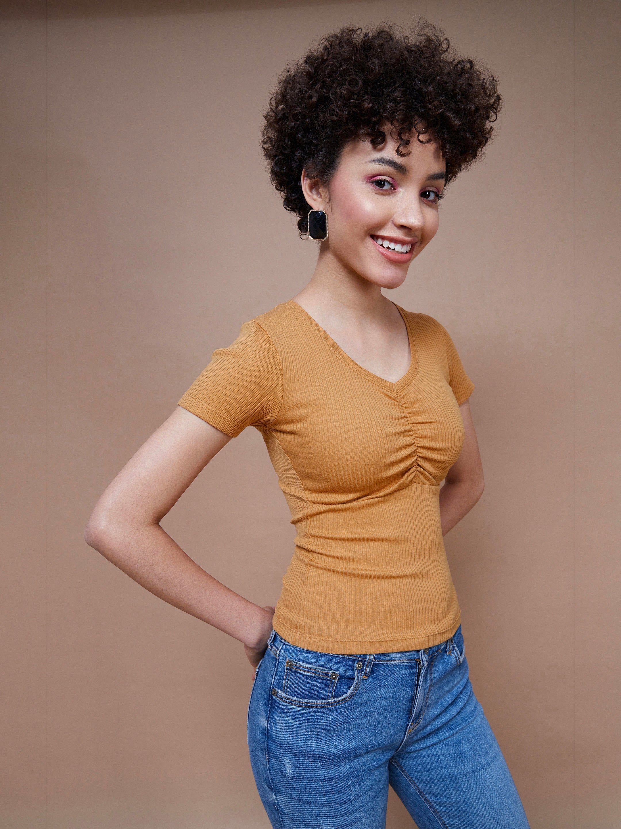 Women Brown Rib V-Neck Ruched Top