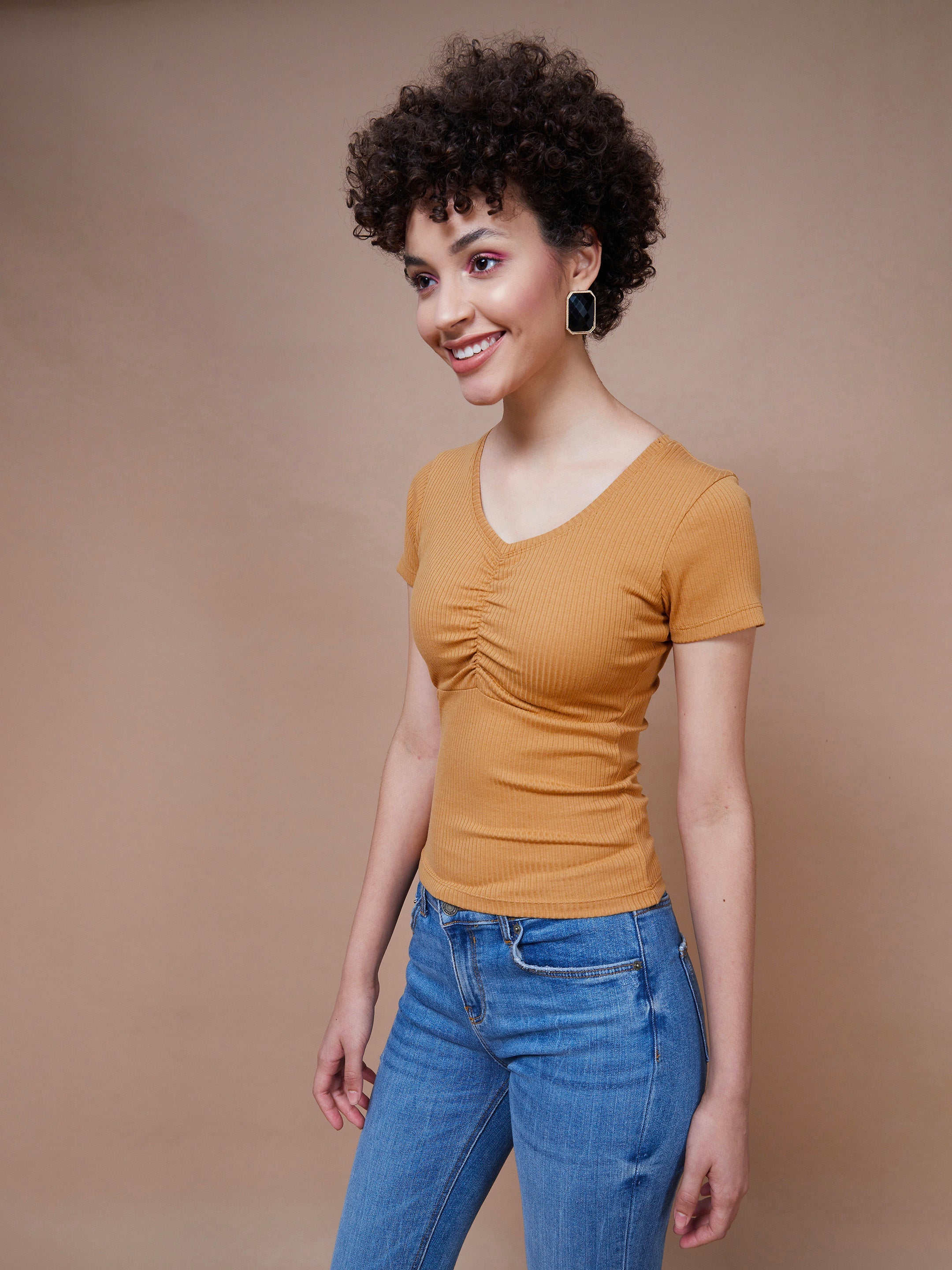 Women Brown Rib V-Neck Ruched Top