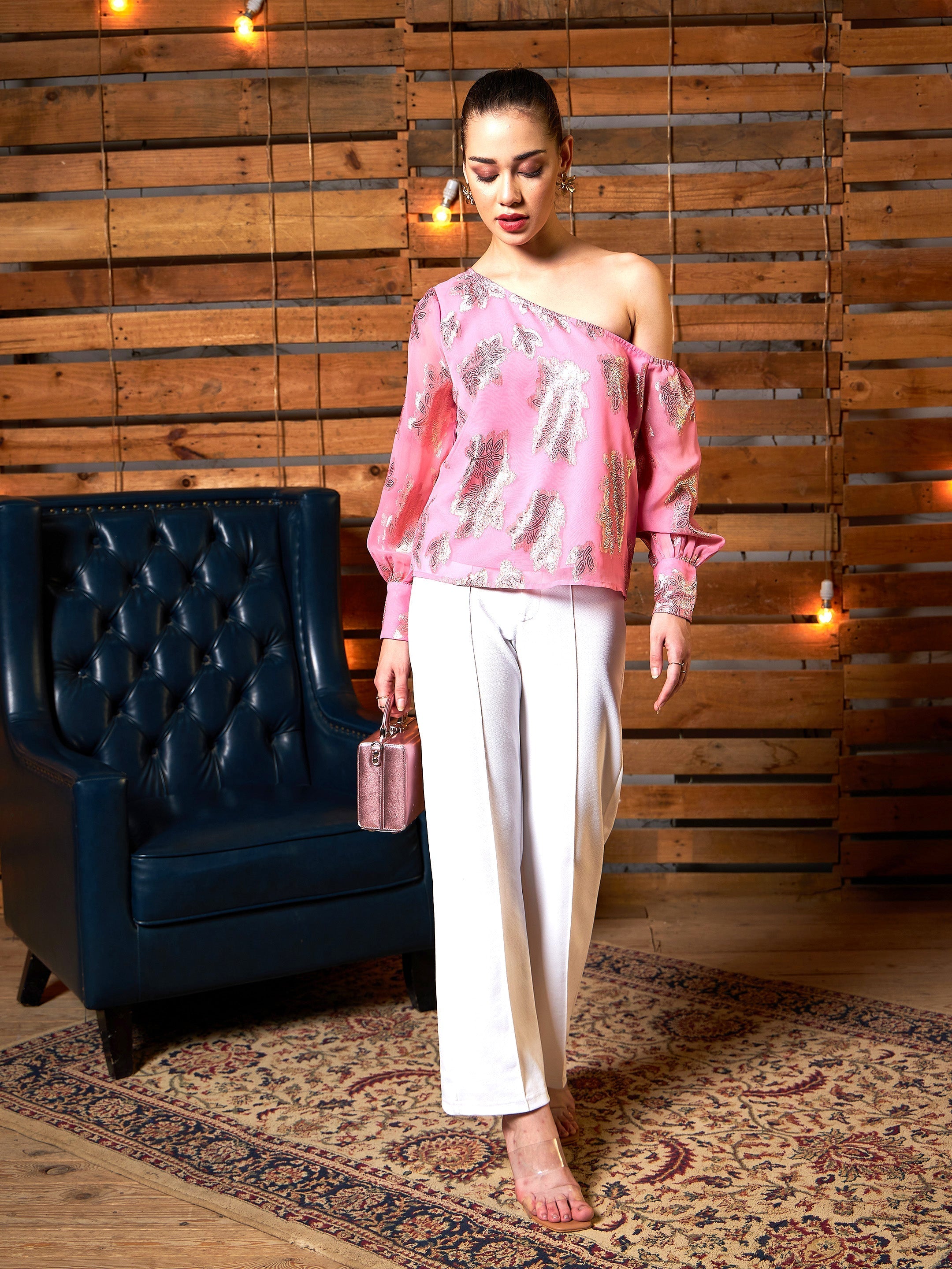 Women Pink Jacquard One Shoulder Top