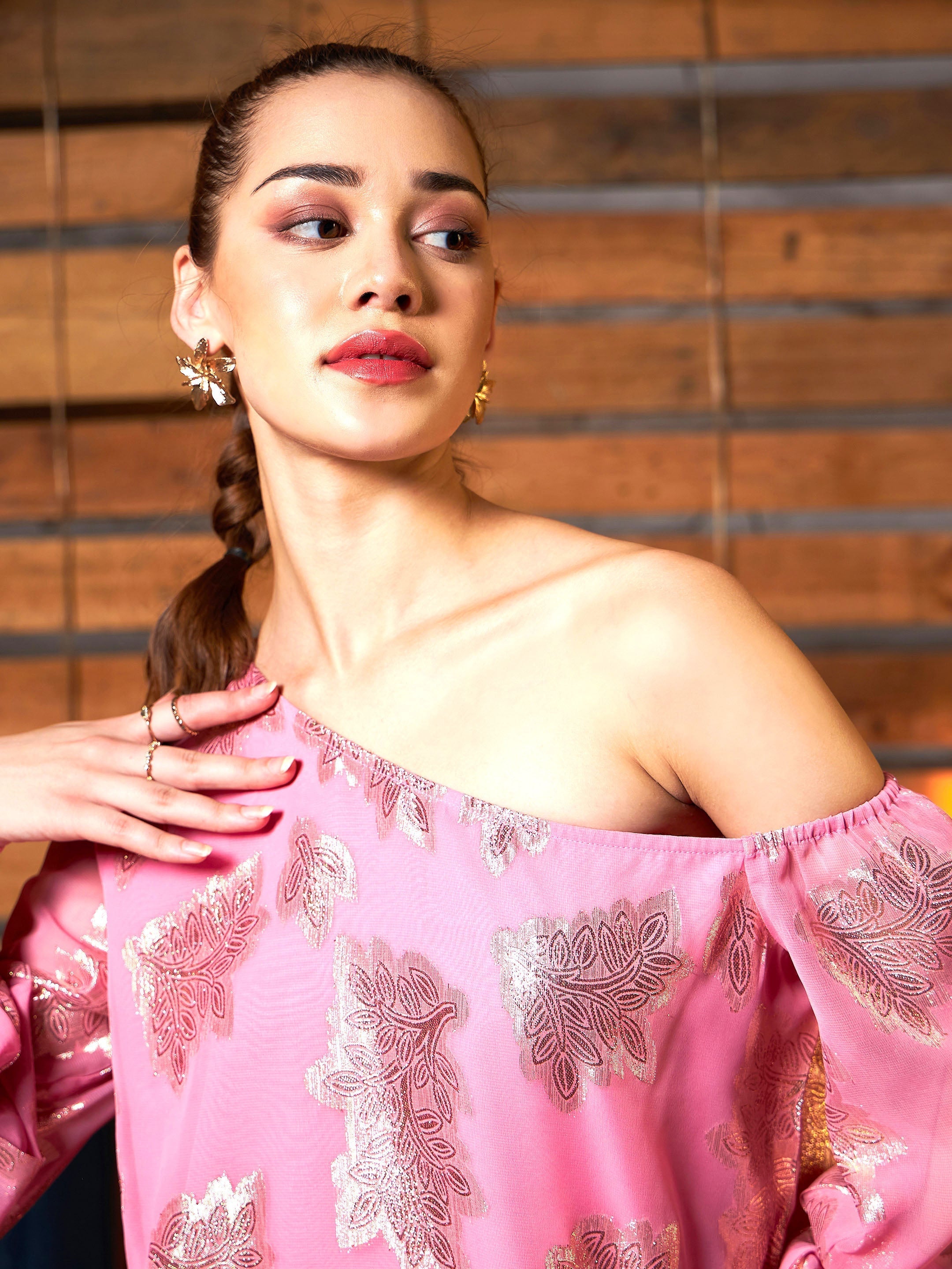 Women Pink Jacquard One Shoulder Top